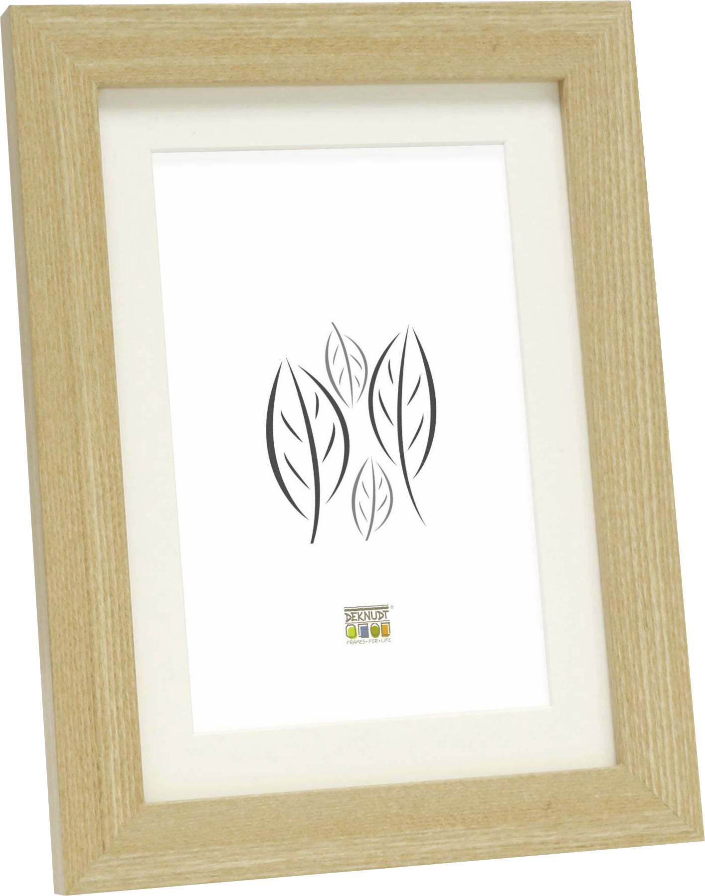 Ein einfacher weißer Bilderrahmen mit einem minimalistischen schwarzen Blätterdesign in der Mitte, gerahmt von hellem Holz.