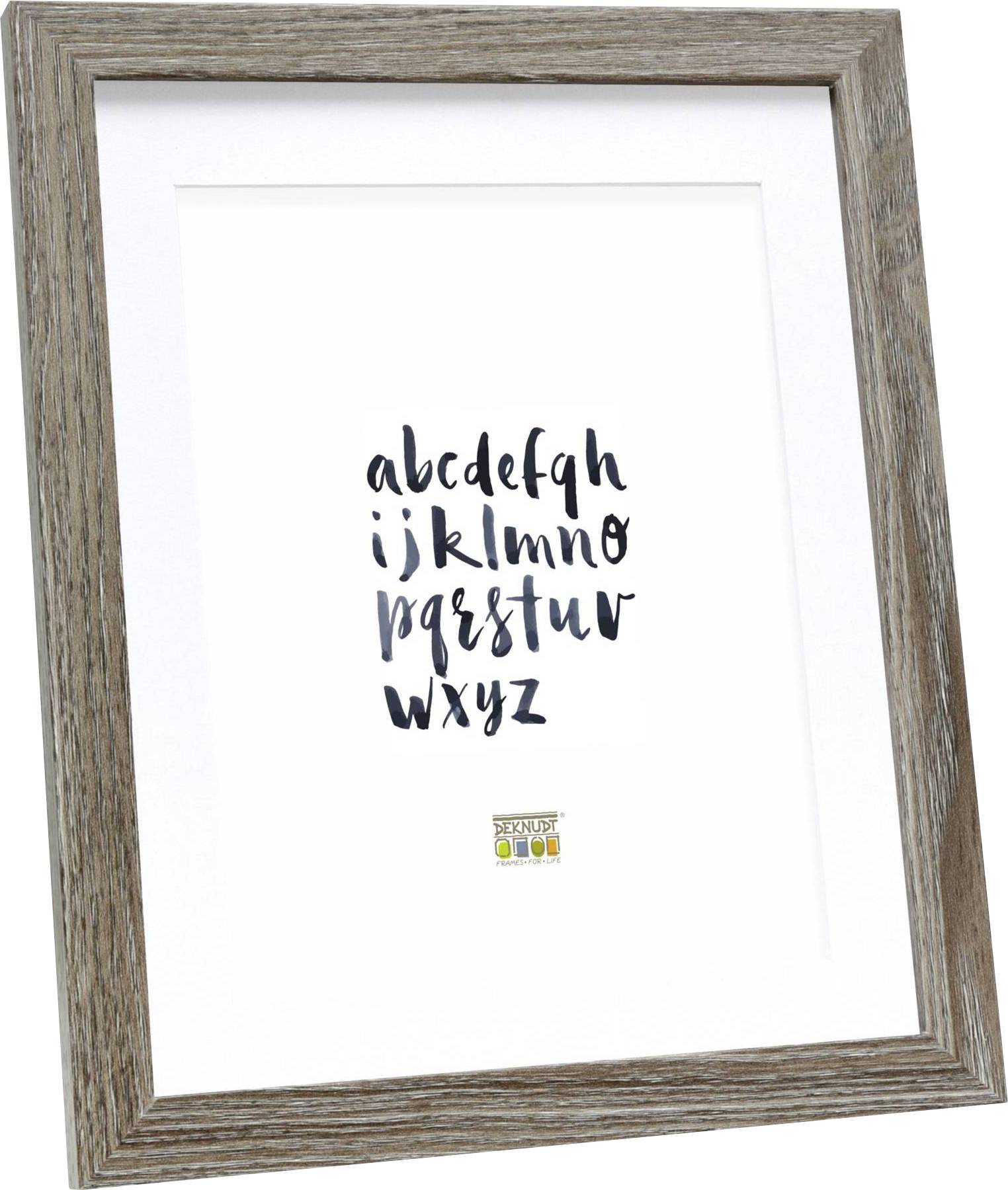 Der Bilderrahmen enthält das handgeschriebene Alphabet in kleiner Schrift von a bis z, auf weißem Hintergrund mit einem braunen Rahmen.