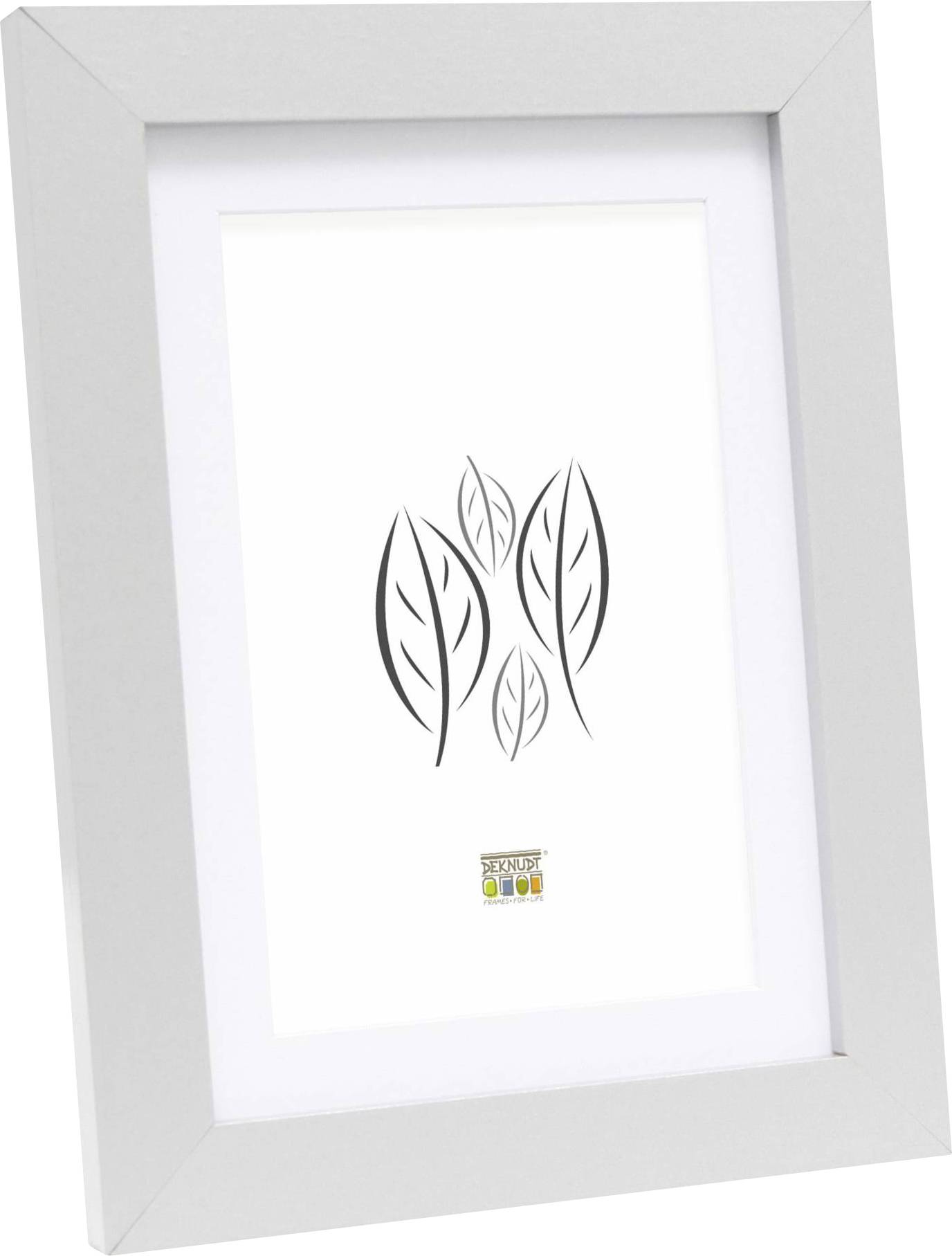 Ein silberner Fotorahmen enthält eine minimalistische Illustration, die aus fünf stilisierten, schwarzen Blättern besteht.