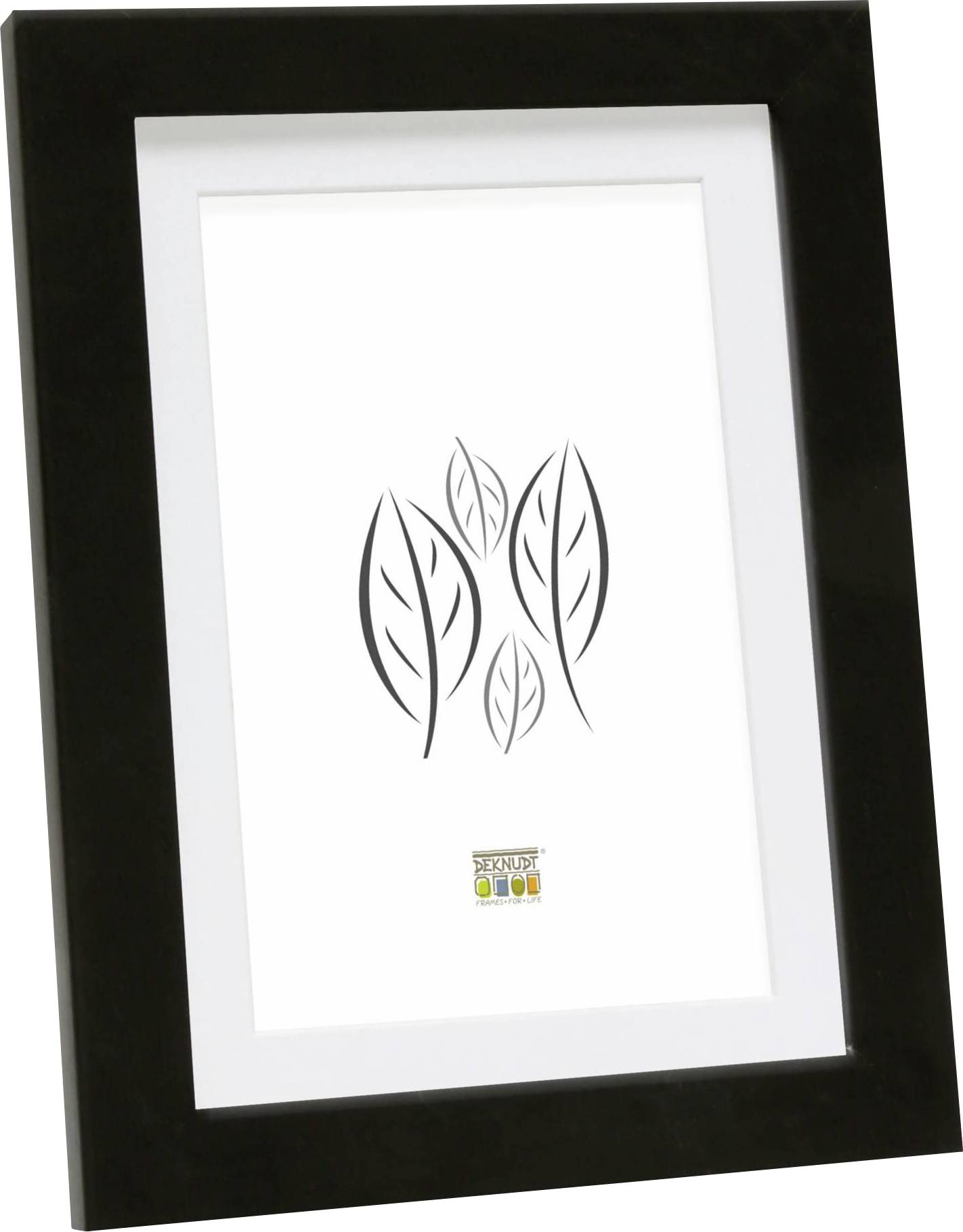 Schwarzer Bilderrahmen mit einem weißen Passepartout; darin ein minimalistisches Bild mit stilisierten Blättern in Schwarz auf Weiß.