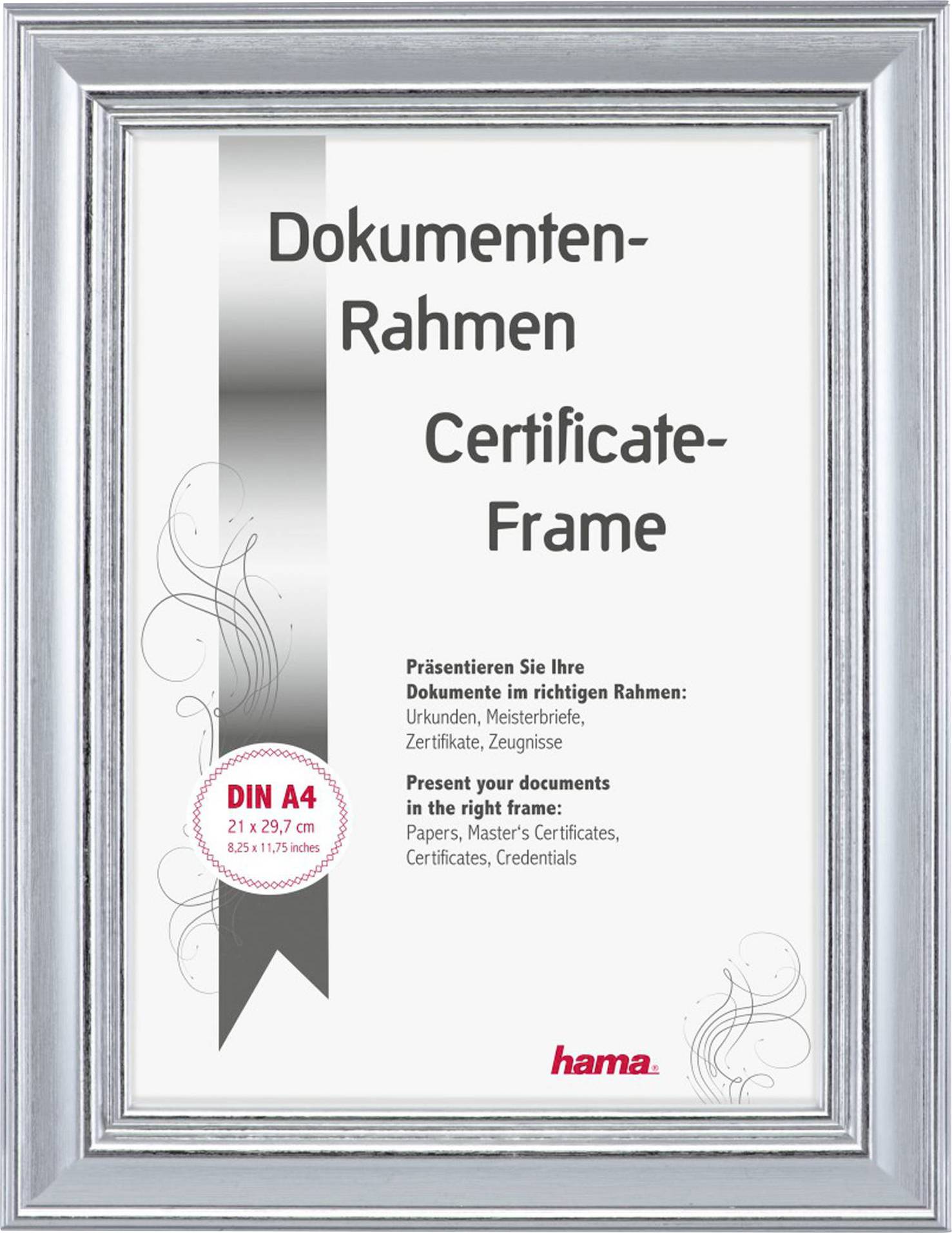 Ein rechteckiger Bilderrahmen mit grauer Verzierung zeigt die Aufschrift 'Dokumenten-Rahmen - Certificate-Frame', DIN A4 Größe.