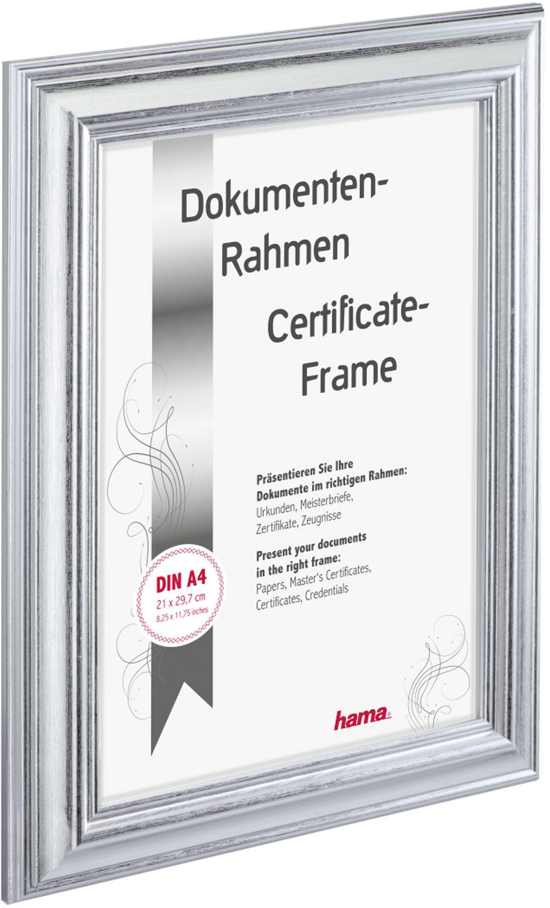 Silberner Dokumentenrahmen der Marke Hama in DIN A4-Größe, geeignet für Urkunden und Zertifikate.