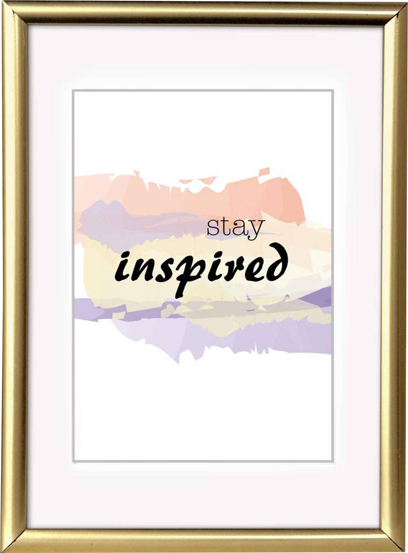 Goldener Rahmen mit einem Bild, das die Worte 'stay inspired' vor einem bunten Hintergrund aus Rosa, Gelb und Lila zeigt.