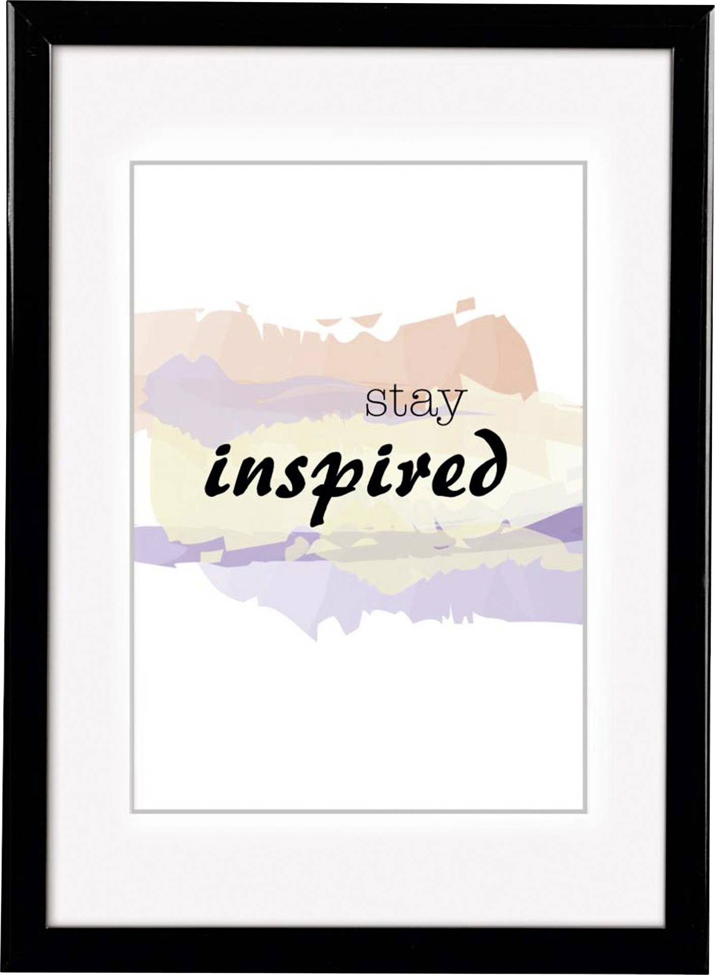 Ein gerahmtes Bild mit dem Schriftzug 'stay inspired' in schwarzer Schrift vor einem abstrakten, bunten Hintergrund.