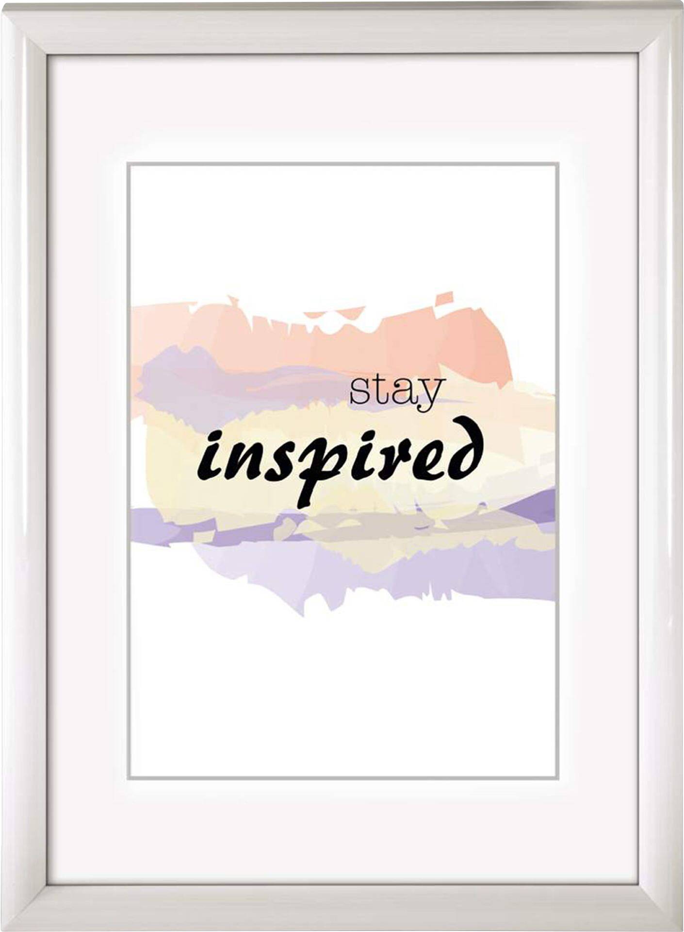 Bild eines Rahmens mit der Aufschrift 'stay inspired' auf einem abstrakten, bunten Aquarellhintergrund.