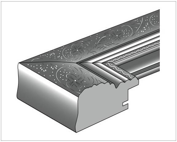 Ein rechteckiges, strukturiertes Profilstück mit Blumenmustern, das für dekorative Wandvertäfelungen oder Rahmen verwendet werden kann.