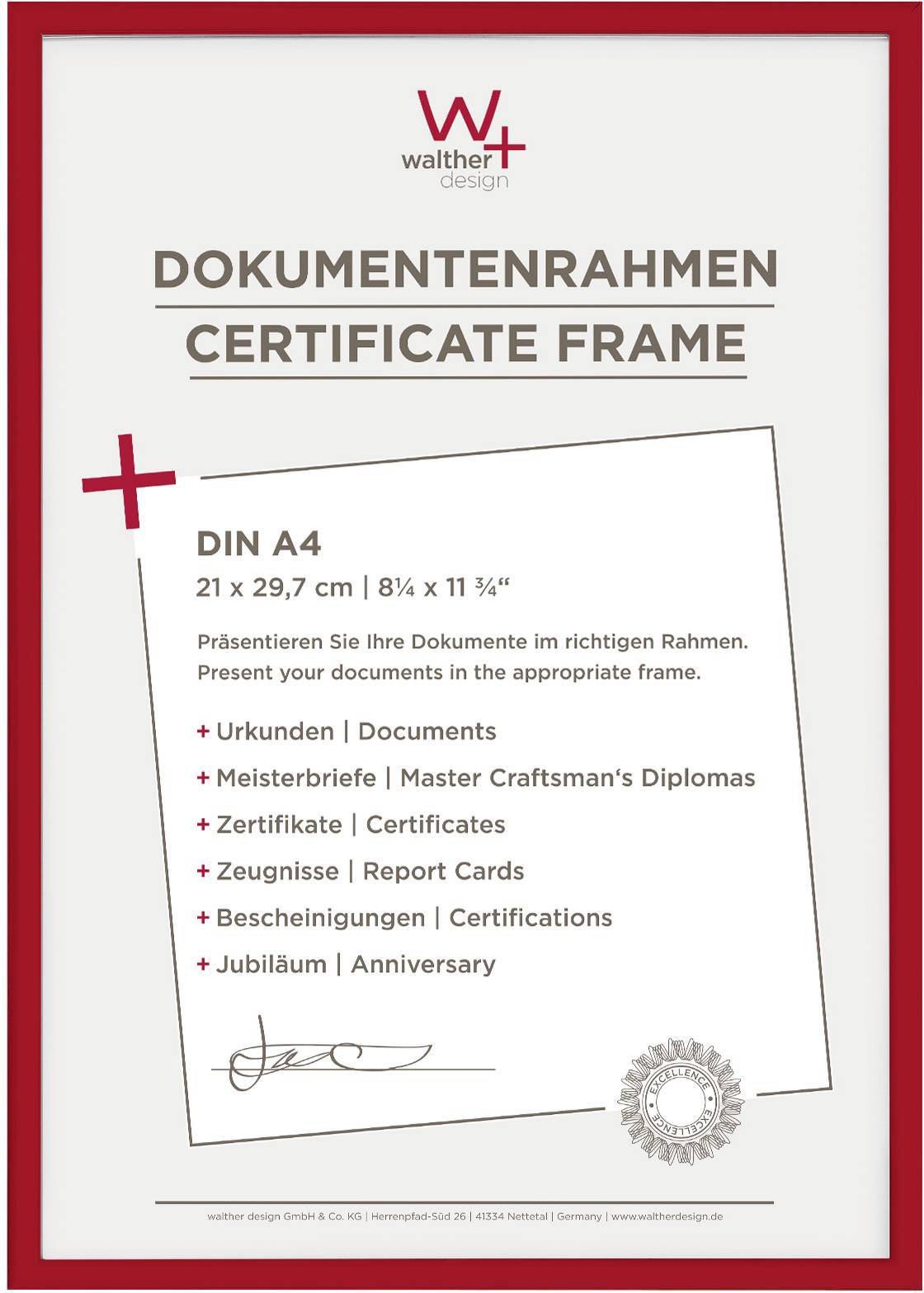 walther+ design KV130R Bilder Wechselrahmen Papierformat: DIN A4 Rot