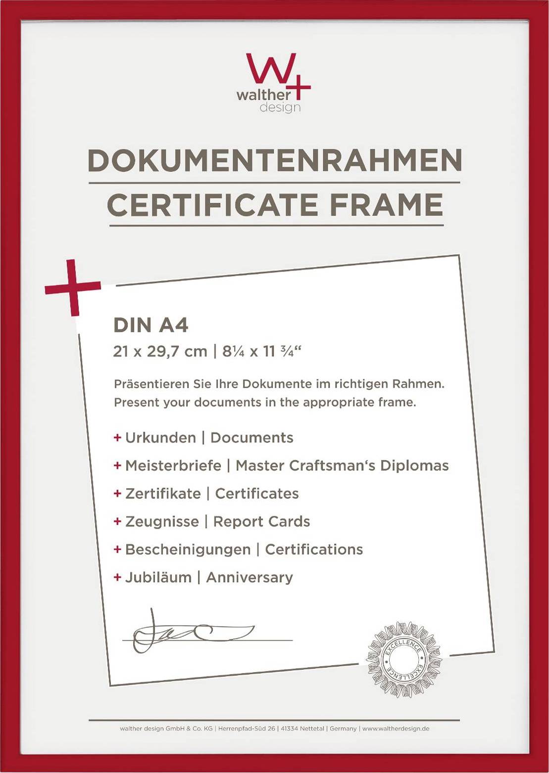 walther+ design KV130R Bilder Wechselrahmen Papierformat: DIN A4 Rot