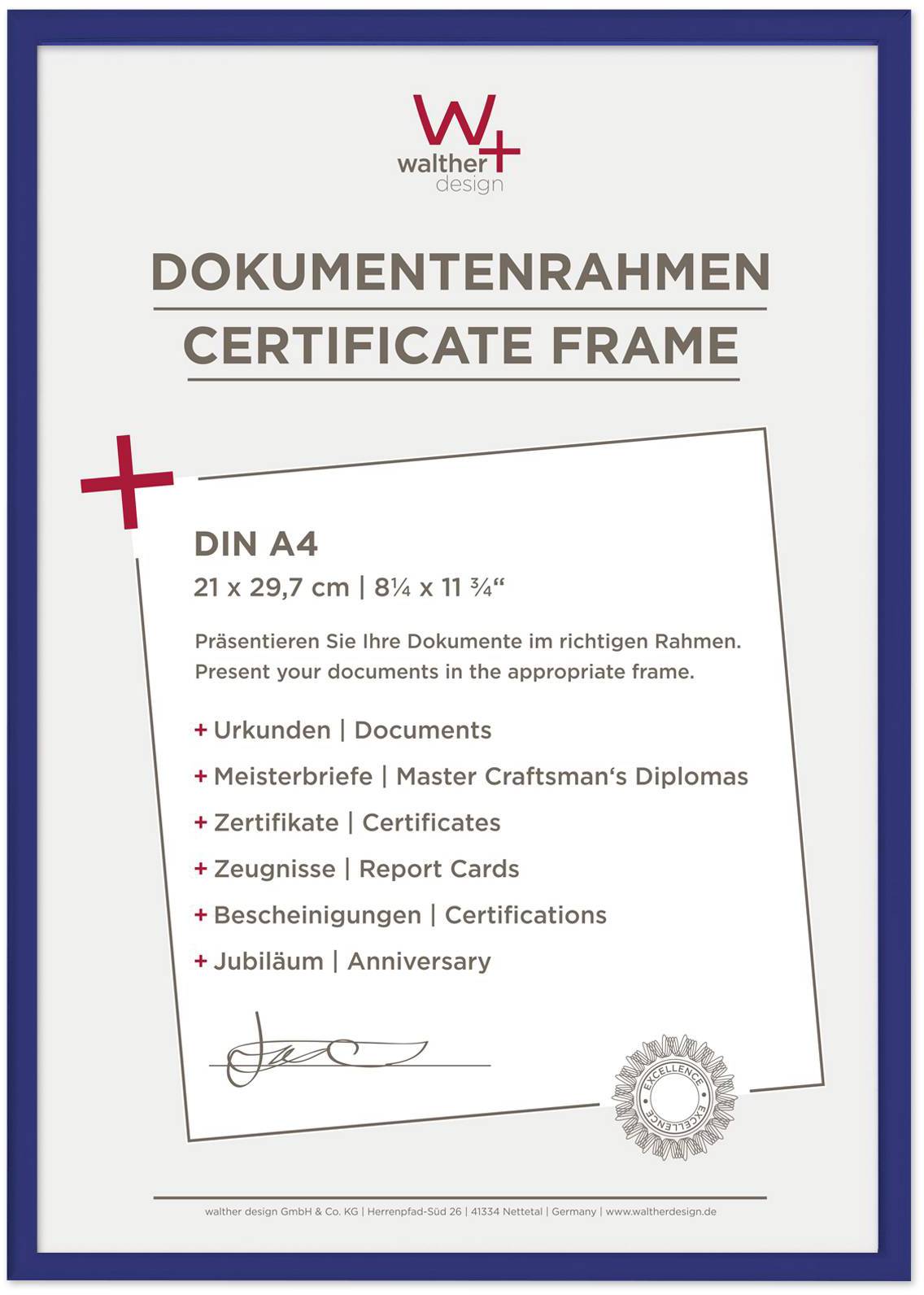 Eingefasste Präsentation für Urkunden, Diplome, Zertifikate, Zeugnisse, Bescheinigungen, Jubiläen im DIN A4-Format.