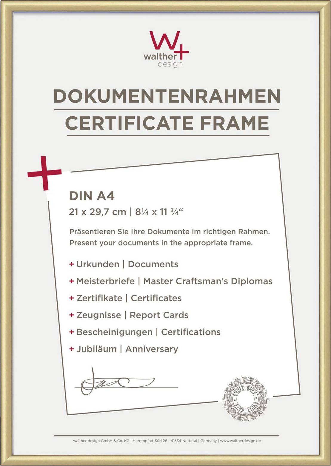 walther+ design KV130G Bilder Wechselrahmen Papierformat: DIN A4 Gold