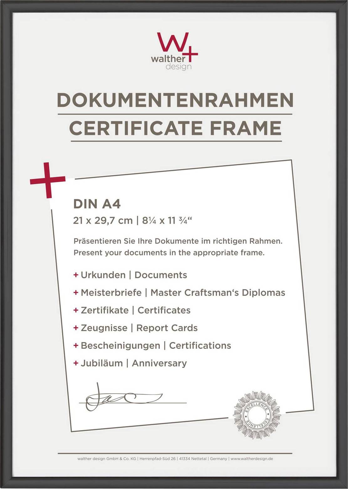 'Zertifikatsrahmen' zeigt Größenangaben und Dokumentbeispiele wie Urkunden und Zertifikate für den passenden Rahmen.