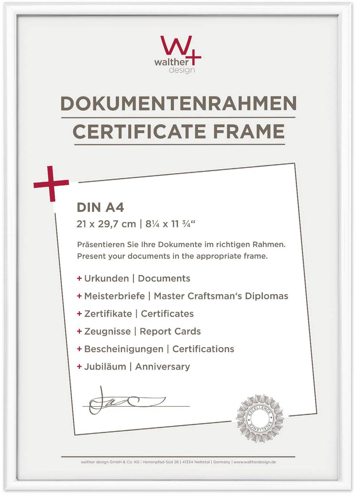 Glasrahmen für Dokumente in DIN A4. Text: 'Präsentieren Sie Ihre Dokumente im richtigen Rahmen.' Enthält Symbole und Maße.