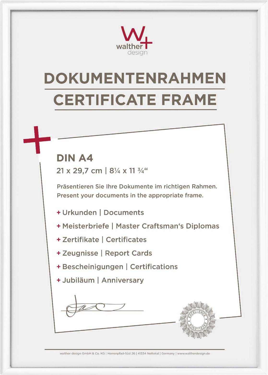'Walther Design' Dokumentenrahmen, DIN A4, geeignet für Urkunden, Meisterbriefe, Zertifikate, Zeugnisse, Bescheinigungen, Jubiläen.