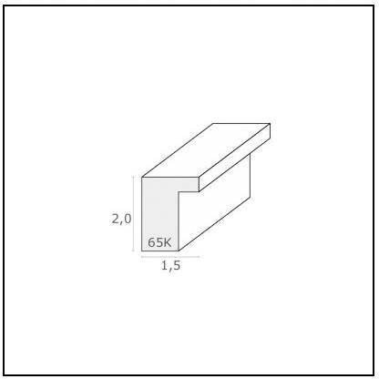 Isometrische Zeichnung eines Querschnitts mit den Maßen: Breite 1,5 cm, Höhe 2,0 cm, Beschriftung '65K'.
