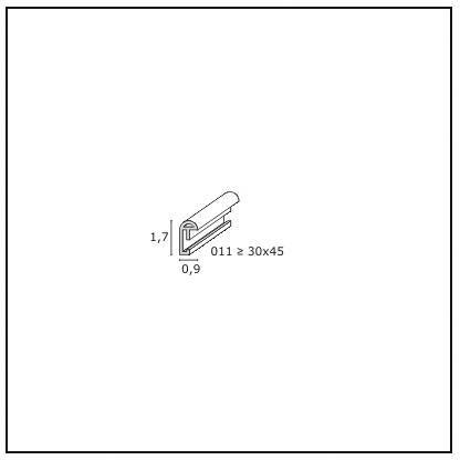 Technische Zeichnung eines Profils mit einer L-förmigen Struktur. Maße: 1,7 cm Höhe, 0,9 cm Breite. Bezeichnung: '011 ≥ 30x45'.