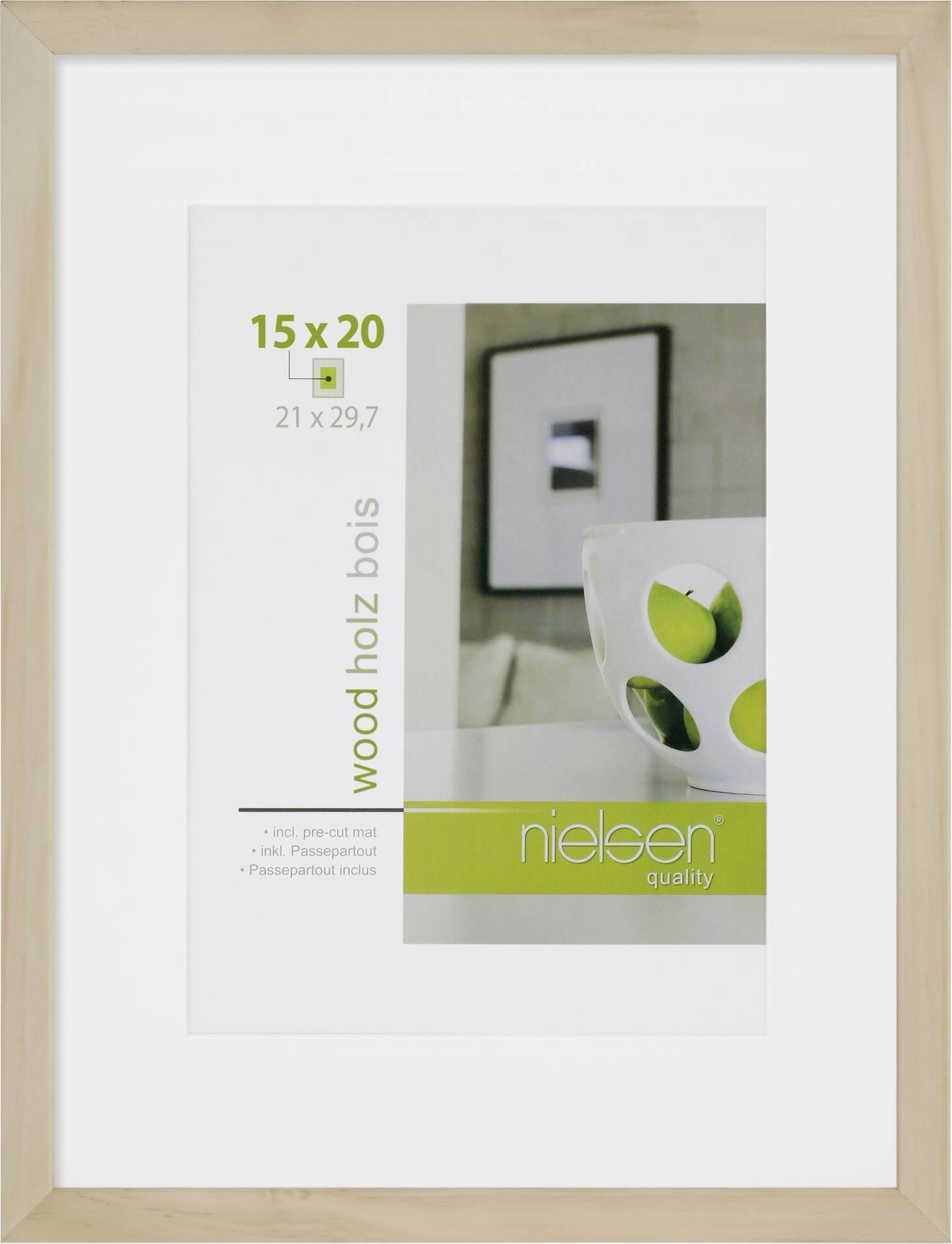 Rahmen mit Produktetikett 'nielsen quality', zeigt Maße 15 x 20 cm und Bild von dekorativer Schale auf einem Tisch.