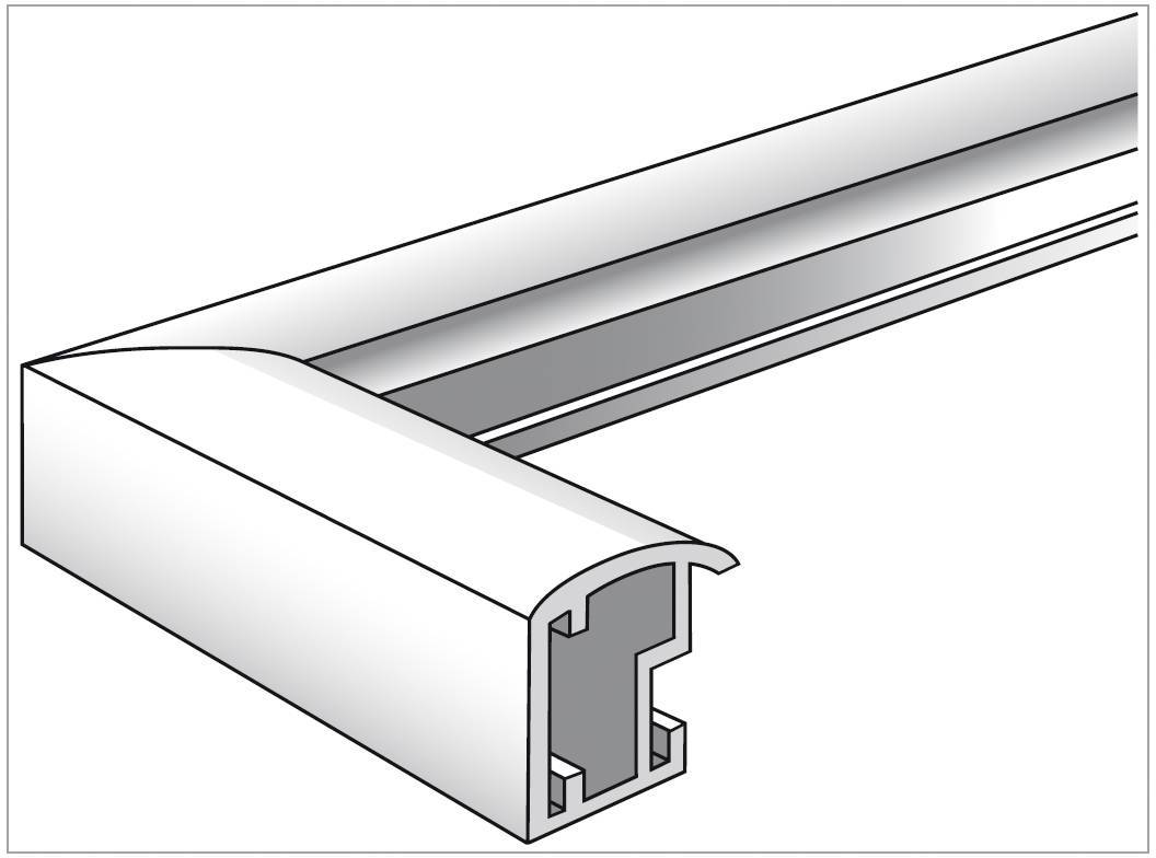 Querschnitt eines Aluminium-Profils in L-Form zur Befestigung von Glas. Zeigt die Konstruktionsdetails und Halterungen.