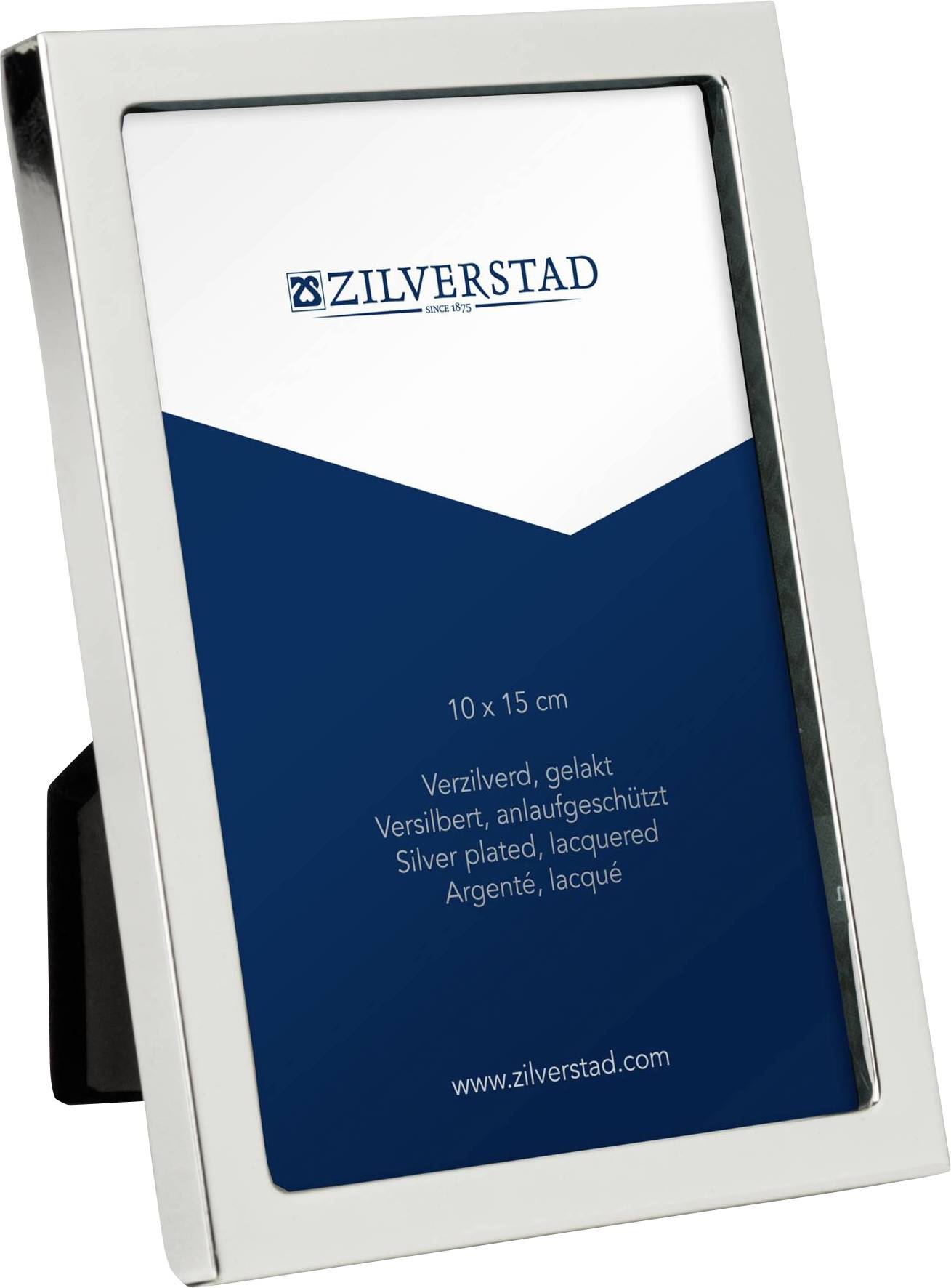 Ein silberner Bilderrahmen mit einem blauen und weißen Blatt Papier. Der Text enthält Produktinformationen und die Webseite 'www.zilverstad.com'.