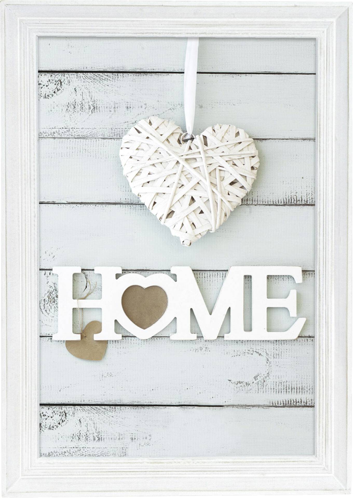 Wandbild mit dem Schriftzug 'HOME' in Weiß, mit einem Herz, auf einem hellblauen Holz-Hintergrund.