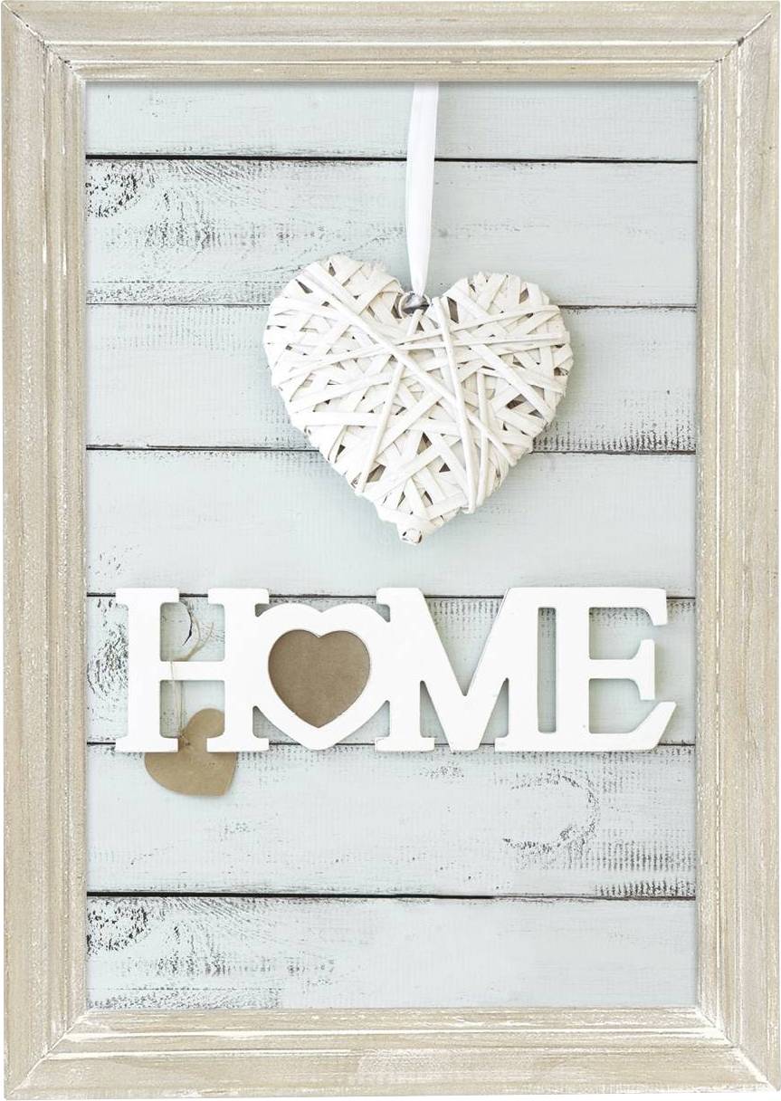 Gerahmtes Bild mit einem herzförmigen Ornament und dem Wort 'HOME' in großen, weißen Buchstaben auf Holzlatten-Hintergrund.