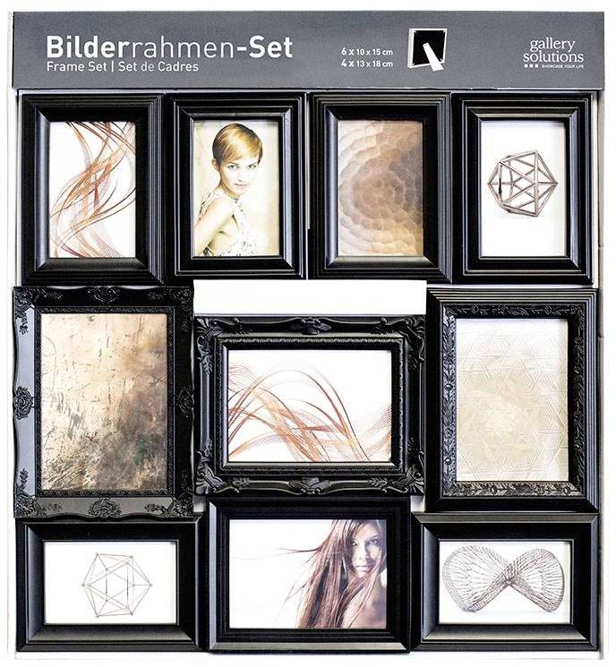 Bilderrahmen-Set von Gallery Solutions. Enthält 10 schwarze Rahmen in verschiedenen Größen mit modernen Kunstbildern und Porträts.