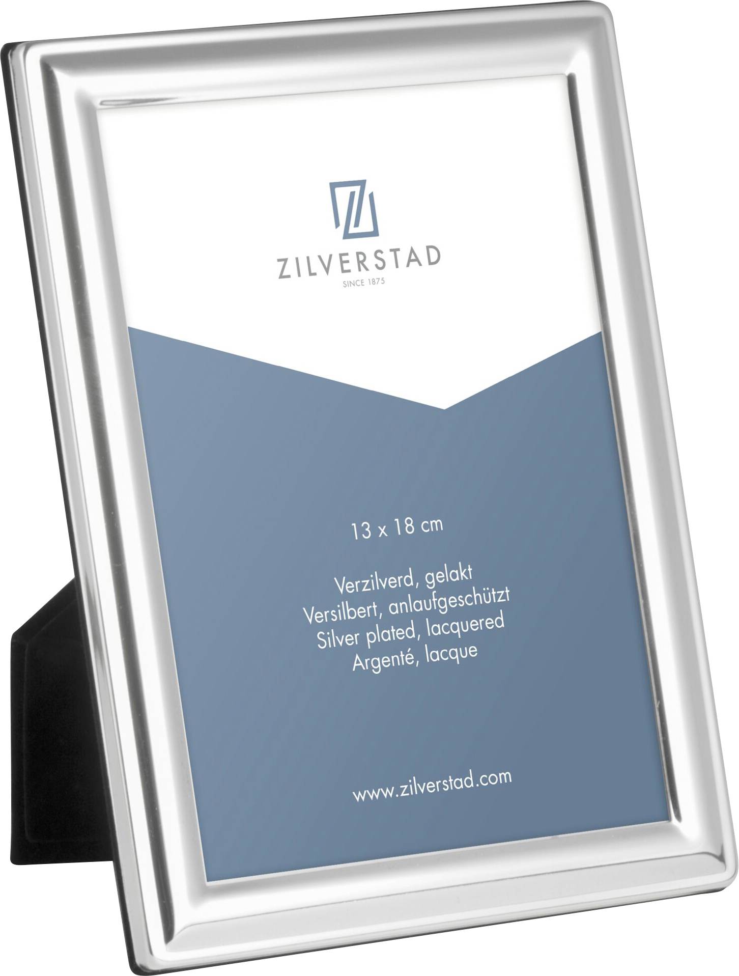 Silberner Bilderrahmen mit der Marke 'Zilverstad', Größe 13 x 18 cm, silber plattiert und lackiert, vertikal ausgerichtet.