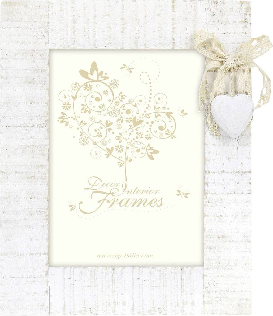 Beiger Bilderrahmen mit floralen Verzierungen und Schleife mit Herzanhänger. Text: 'Decor Interior Frames'.