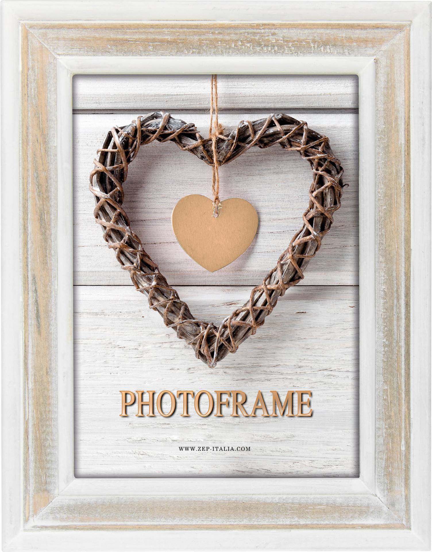 Ein herzförmiger Fotorahmen aus geflochtenem Holz mit einem hängenden kleinen, hölzernen Herz in der Mitte. Text darunter: 'PHOTOFRAME'.