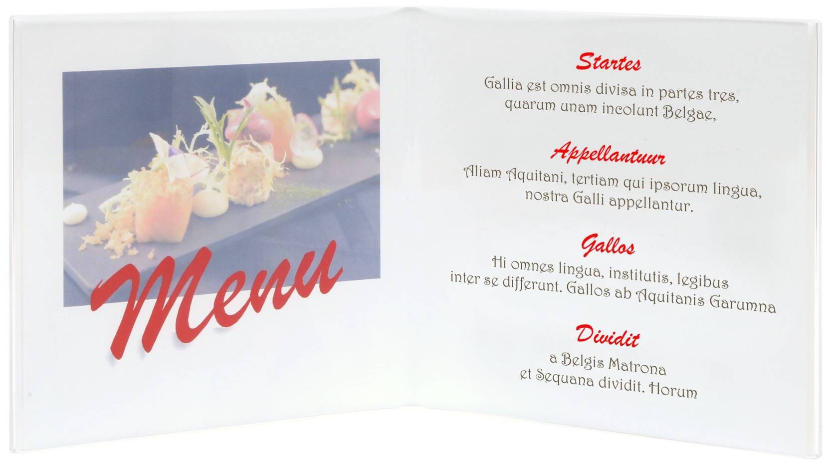 Eine Speisekarte mit Vorspeisen. Dekorativ angerichtete Speisen auf einem Teller. Der Text ist stilistisch in Latein gehalten.