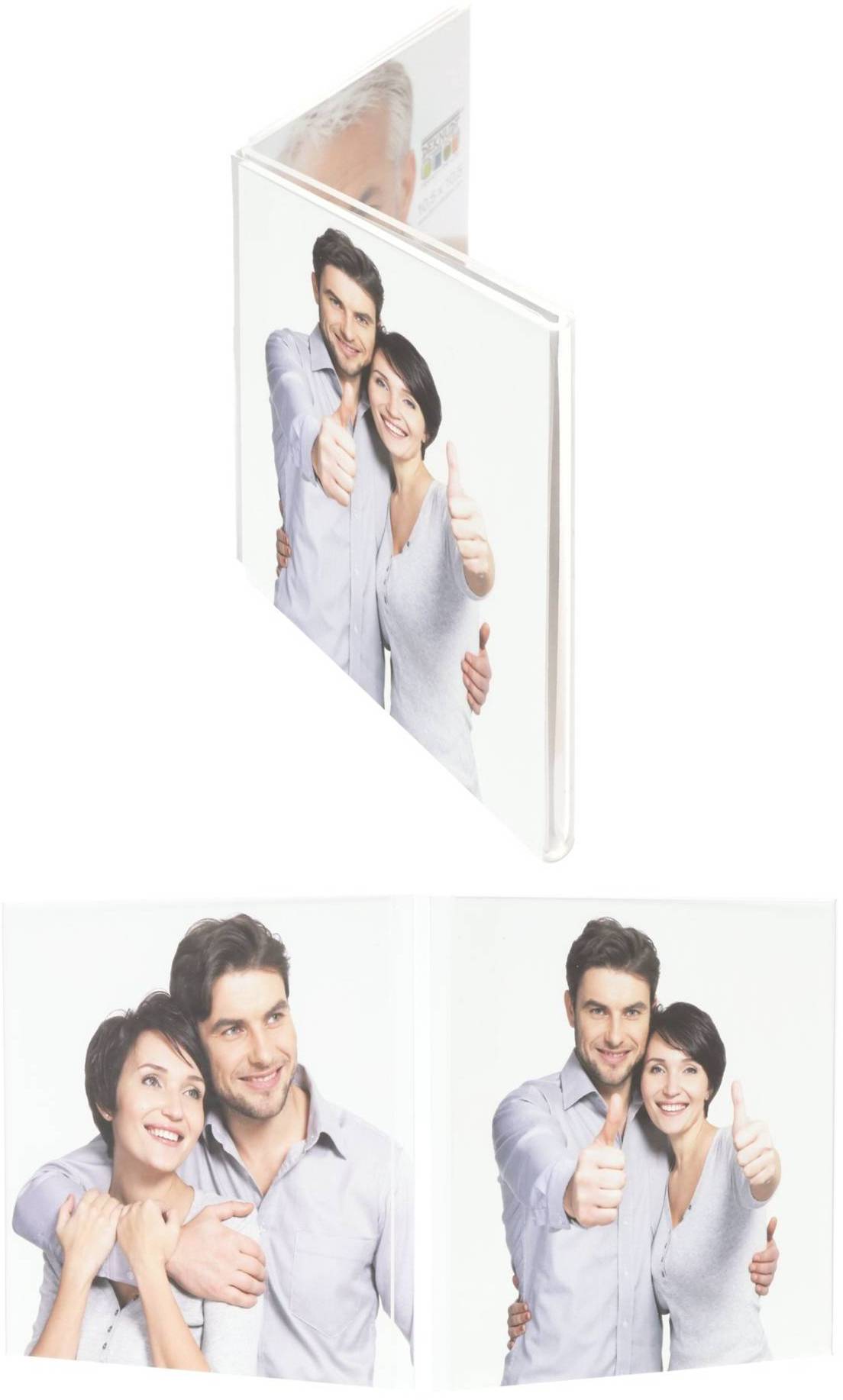 Ein junges Paar lächelt und zeigt Daumen hoch. Sie tragen lässige, helle Kleidung. Das Bild erscheint auf einem Fotobuch-Cover.