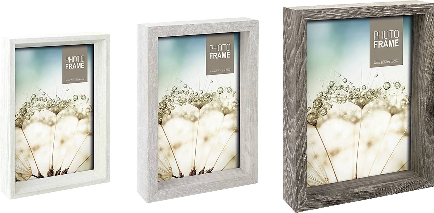 Drei Bilderrahmen aus Holz in unterschiedlichen Größen und Farben, jeweils mit einem Bild einer Pusteblume im Hintergrund.