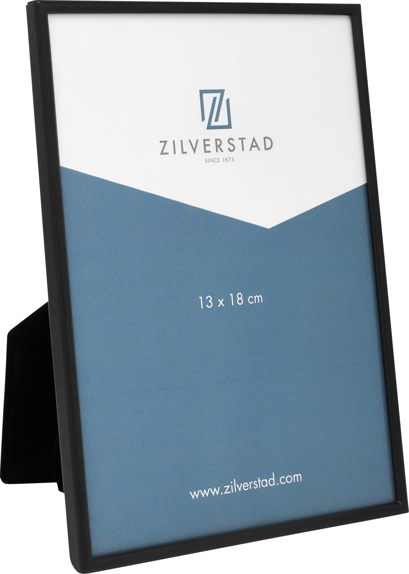 Fotorahmen mit schwarzem Rand, aufgestellt. Innen ein blaues Muster mit der Aufschrift 'Zilverstad', Größe '13 x 18 cm'.