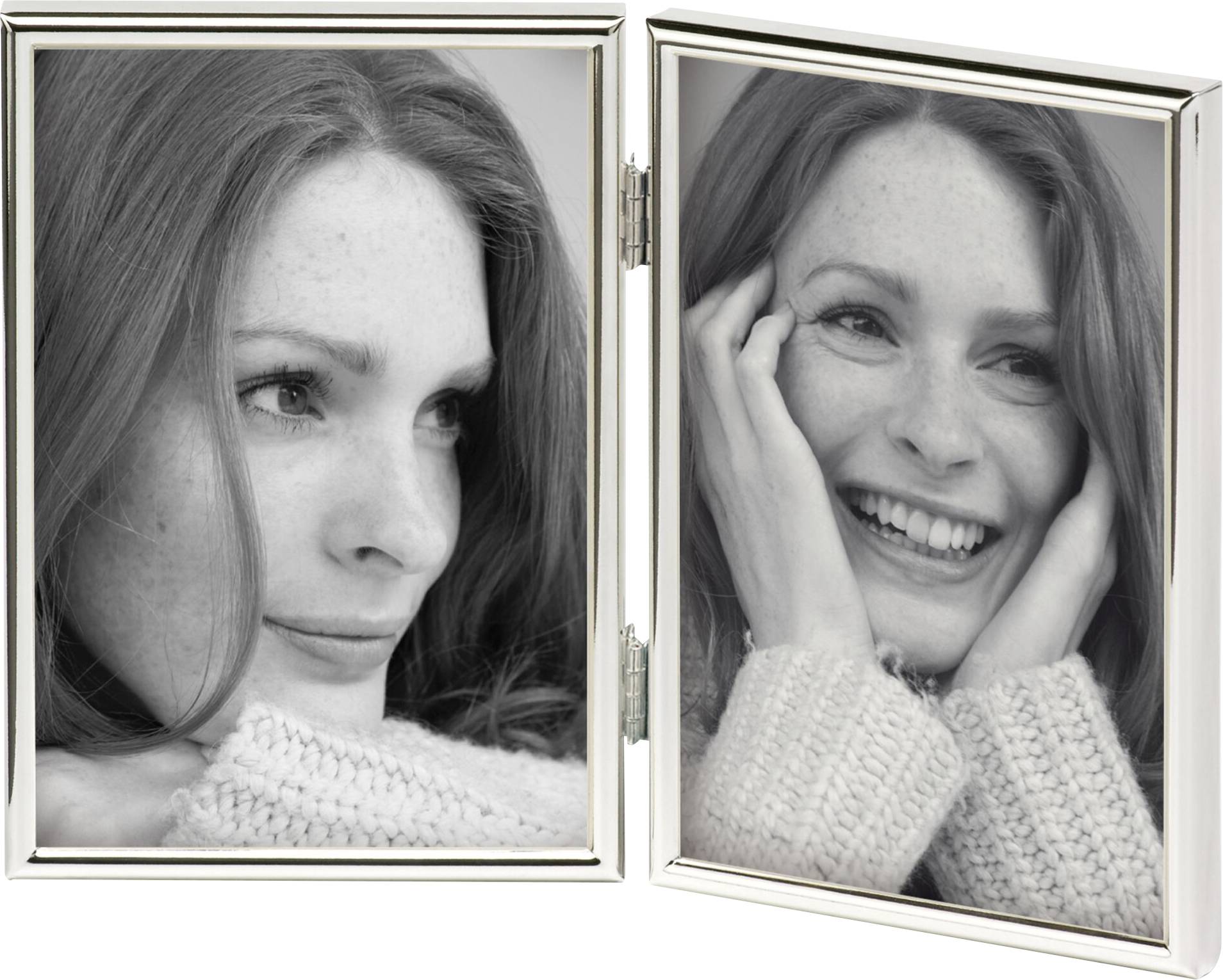 Eine Frau schaut nachdenklich nach links im linken Bild; dasselbe Frau lächelt fröhlich im rechten Bild. Beide in Schwarz-Weiß.