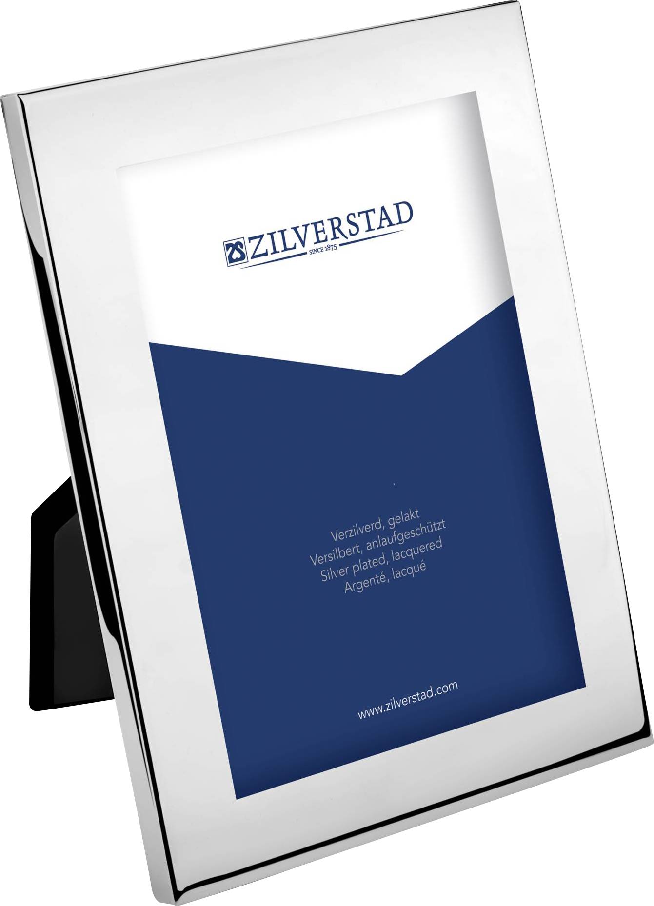 Bilderrahmen aus Silber mit einem blauen Informationsblatt darin, auf dem 'Zilverstad' und Materialdetails stehen.