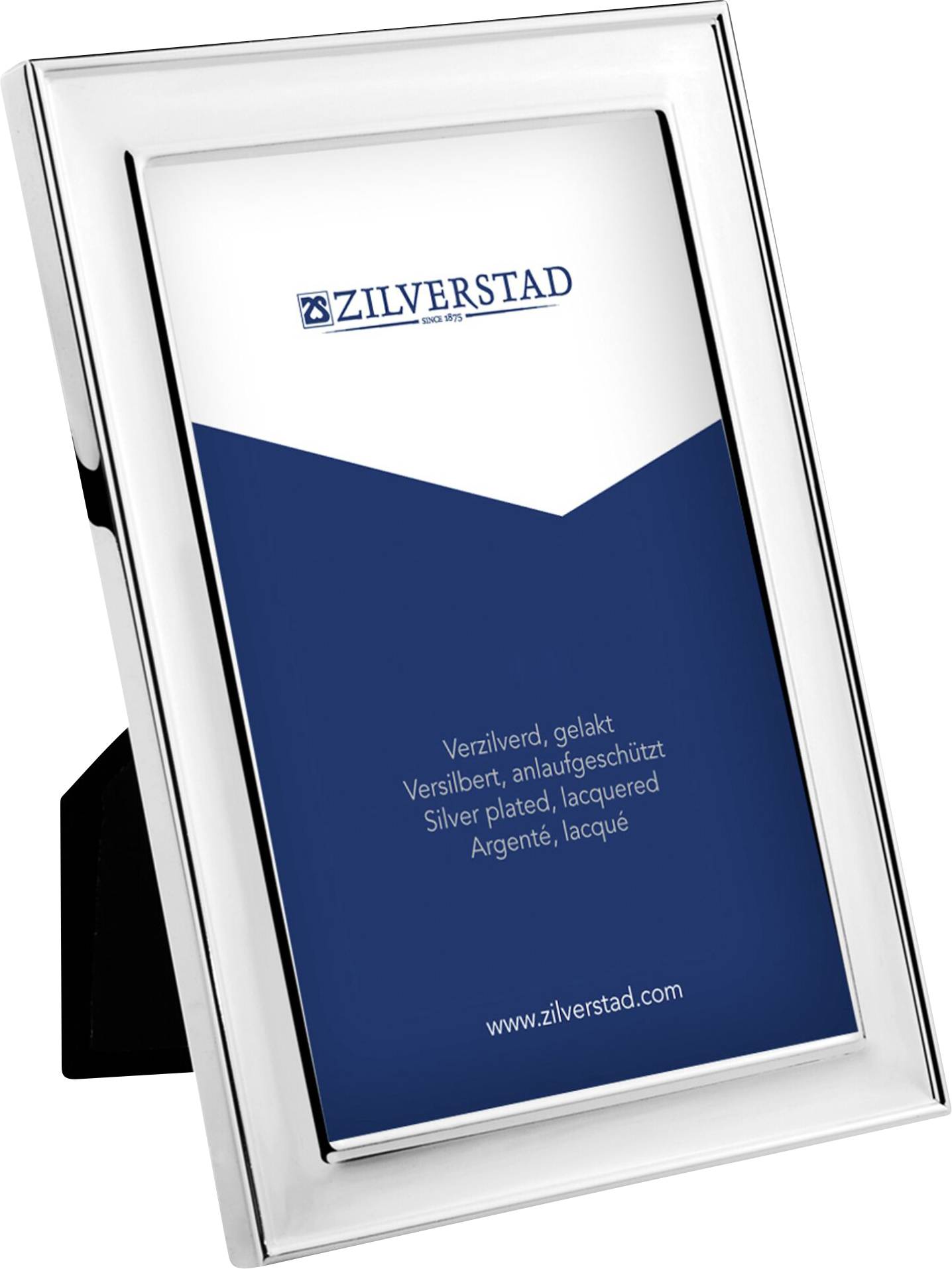 Ein silberner Bilderrahmen der Marke 'Zilverstad', mit der Beschriftung 'Versilbert, lackiert, anlaufschutz'.