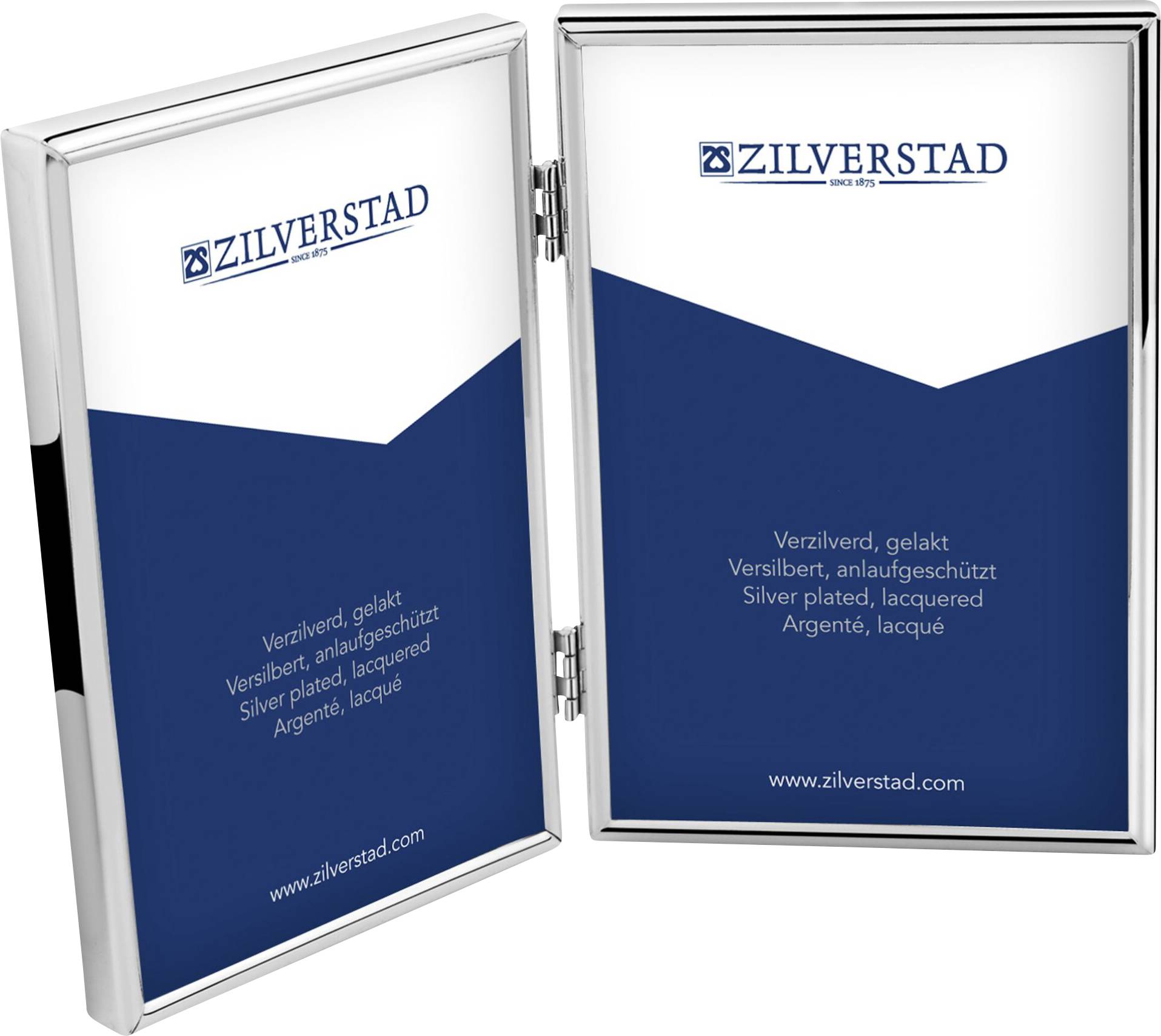 Zwei Zilverstad-Bilderrahmen geöffnet, ein verziertes Logo sichtbar. Text: 'Versilbert, lackiert' in mehreren Sprachen, inkl. Webadresse.