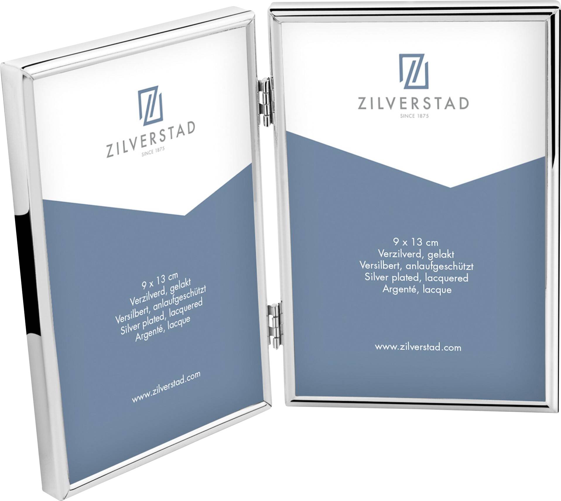 Zwei silberne Fotorahmen von Zilverstad, Größe 9 x 13 cm, mit Text 'Verzilverd, gelackt. Silver plated, lacquered'.