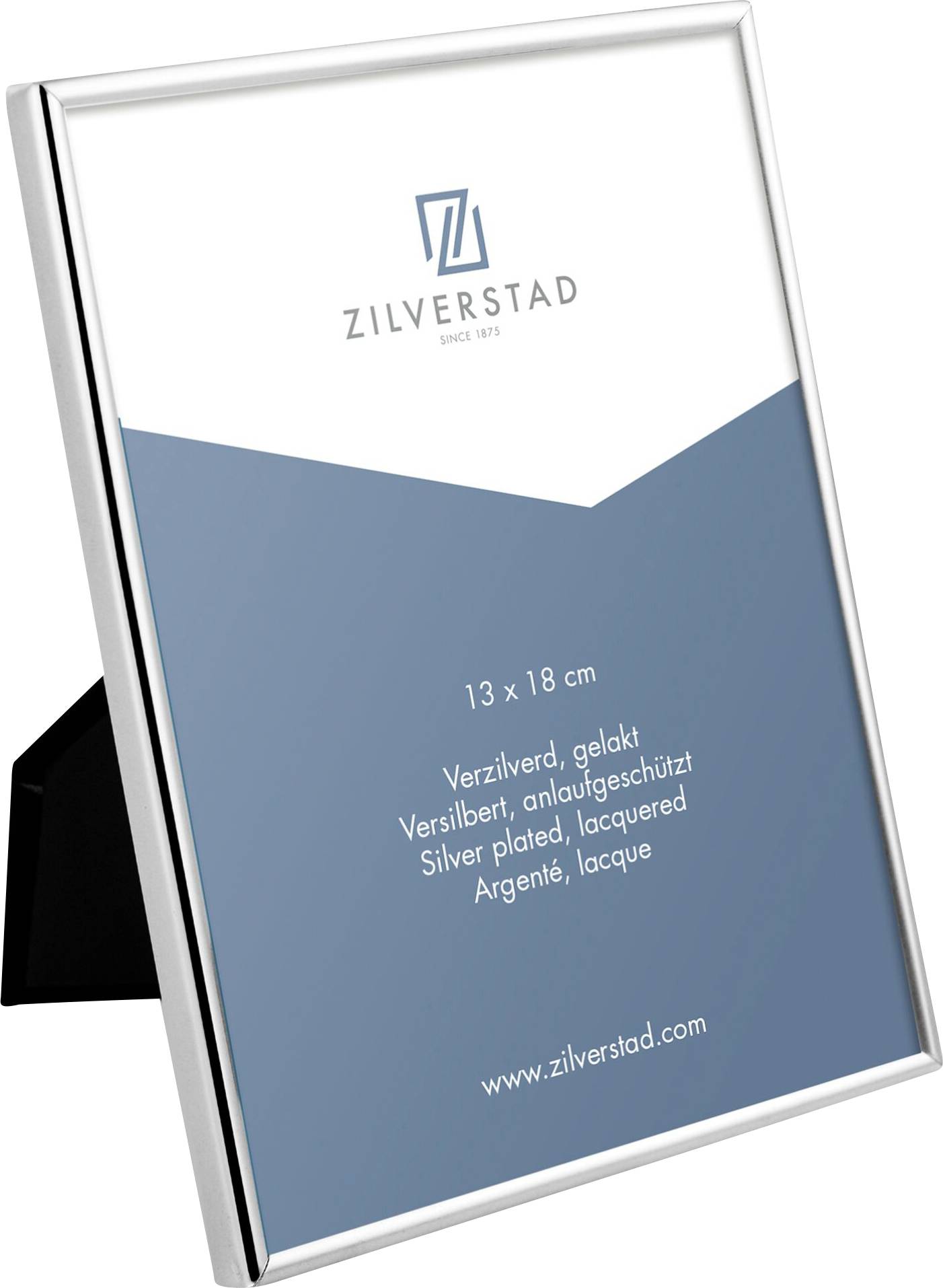 Silberner Bilderrahmen mit blauem Hintergrund, Aufschrift: 'Zilverstad - Versilbert, 13x18 cm'.