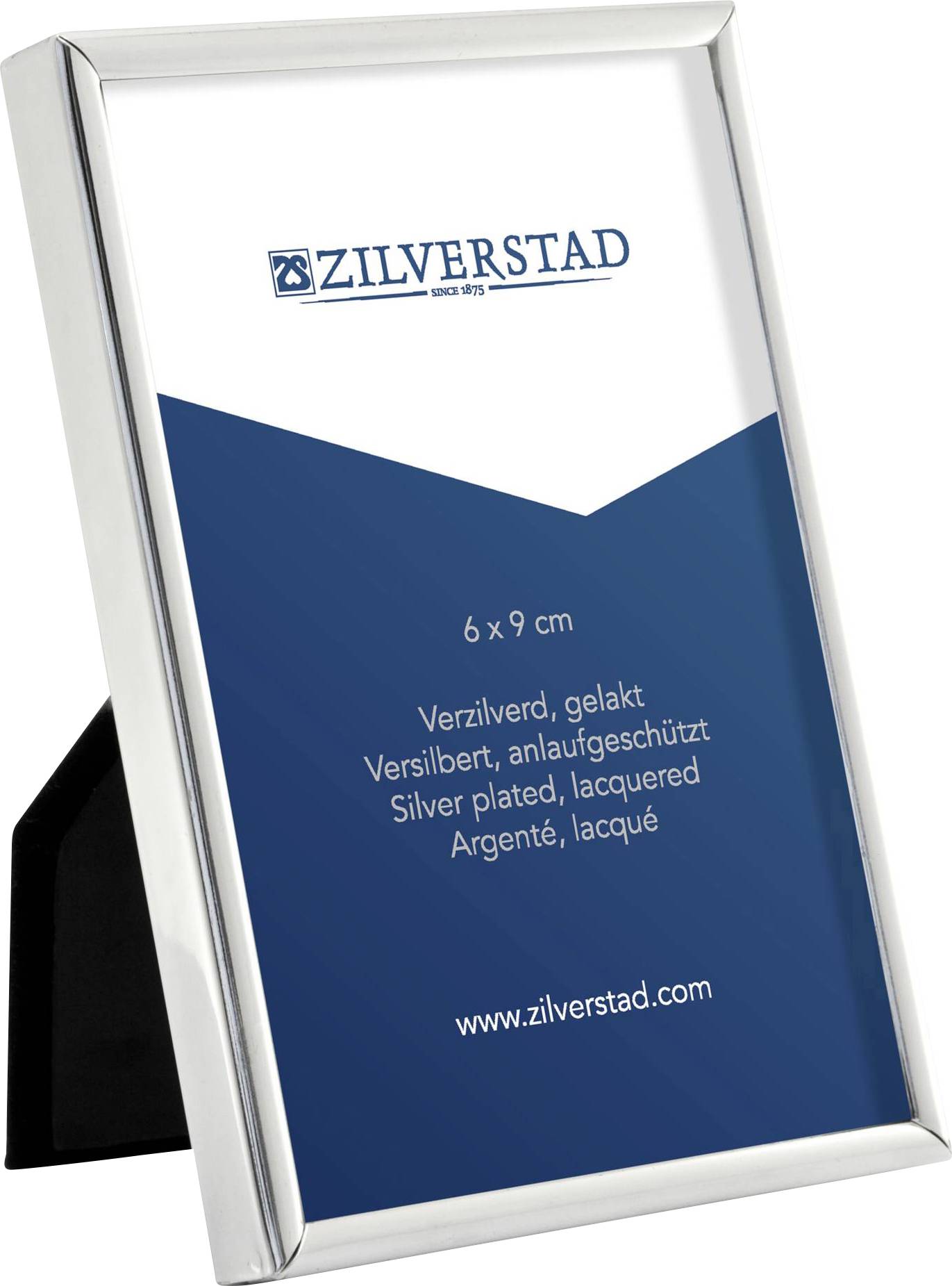 Metallbilderrahmen von Zilverstad, passend für Fotos 6 x 9 cm. Aufschrift: 'Versilbert, lackiert, anlaufgeschützt'.