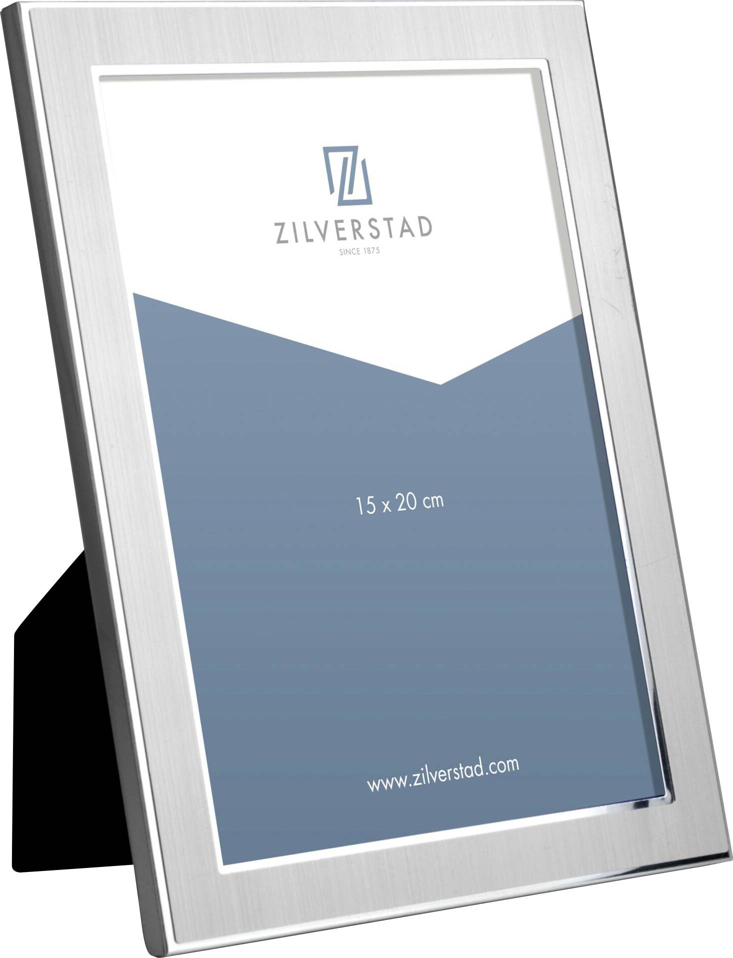 Silberner Fotorahmen mit Standfuß, enthält ein Platzhalterbild der Größe 15 x 20 cm mit dem Text 'Zilverstad' und 'www.zilverstad.com'.