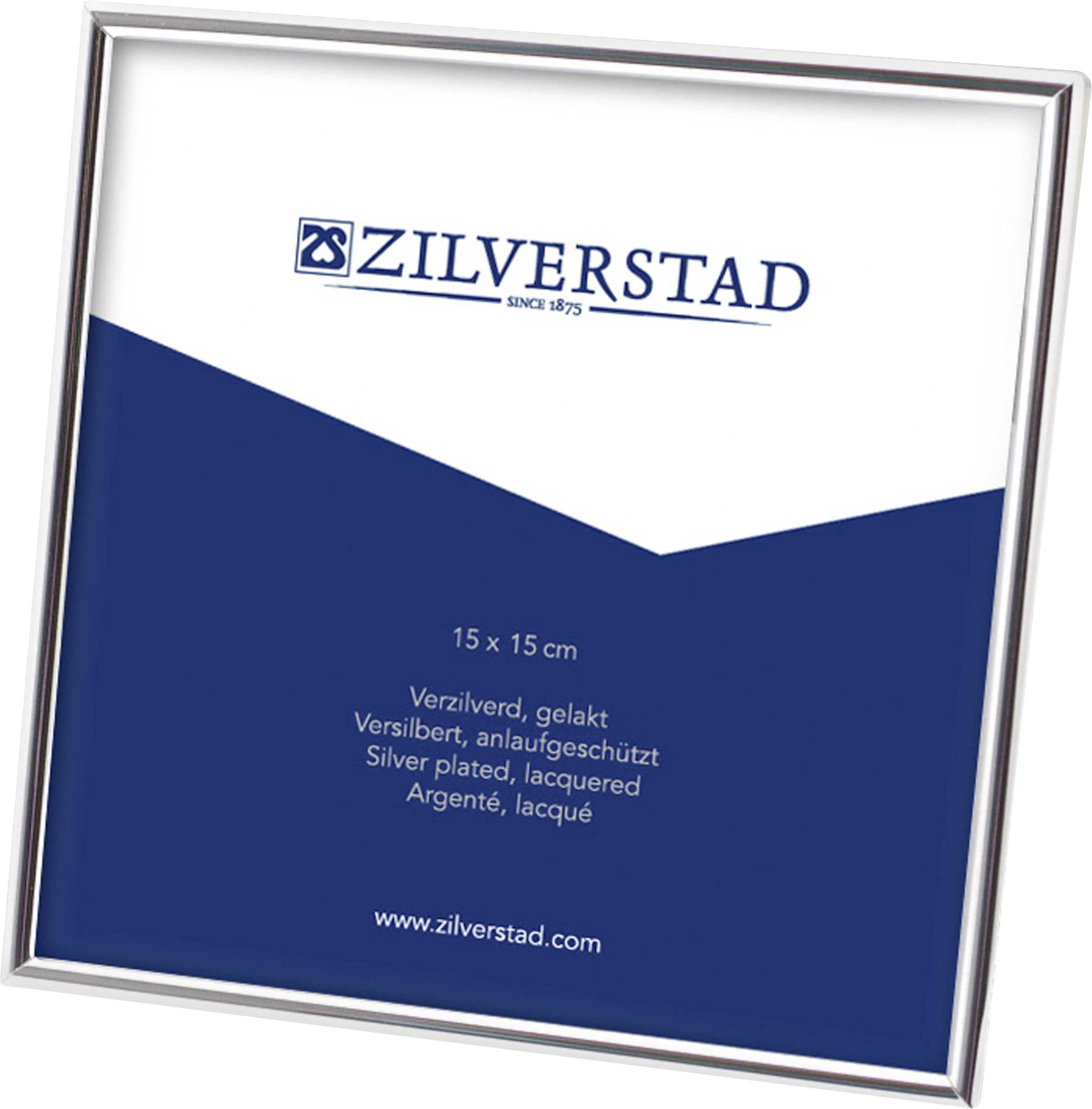 Silberner, lackierter Bilderrahmen von Zilverstad, 15 x 15 cm, mit Text in verschiedenen Sprachen.
