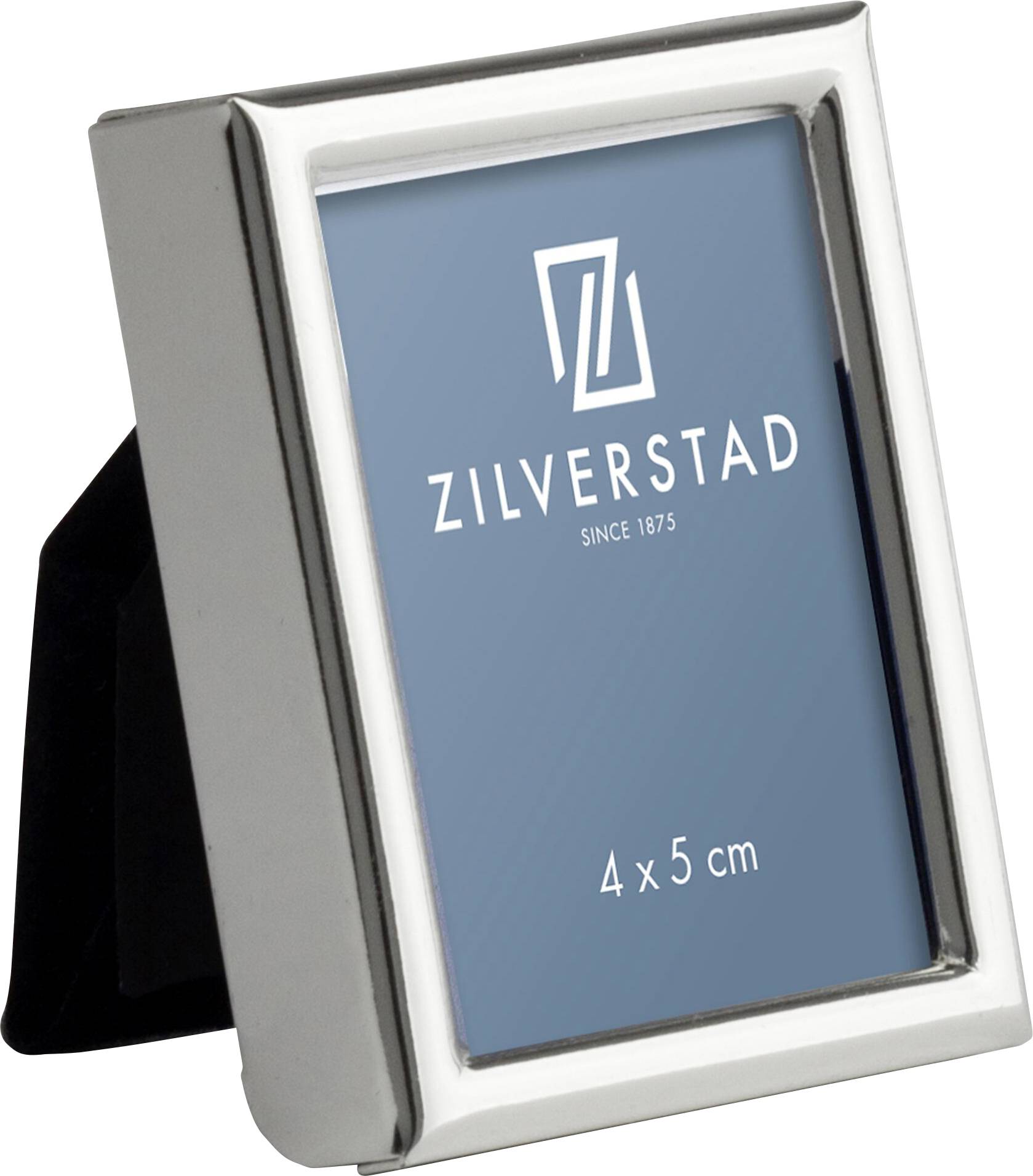 Ein silberner Bilderrahmen im Hochformat mit der Aufschrift 'Zilverstad, seit 1875'. Maße: 4 x 5 cm.