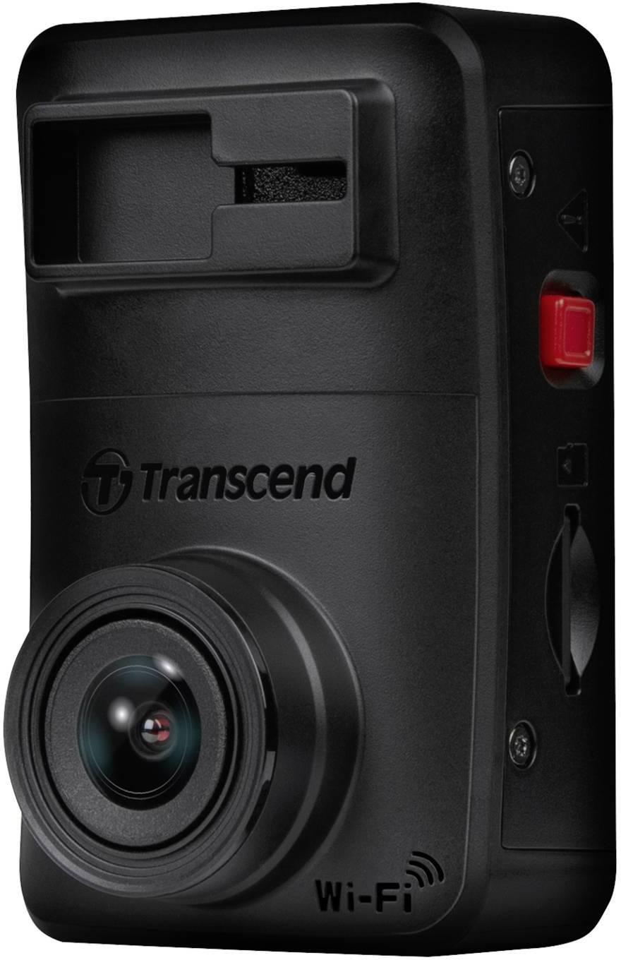 Eine schwarze Transcend Dashcam mit breiter Linse, Wi-Fi-Funktion und rotem Knopf an der Seite.