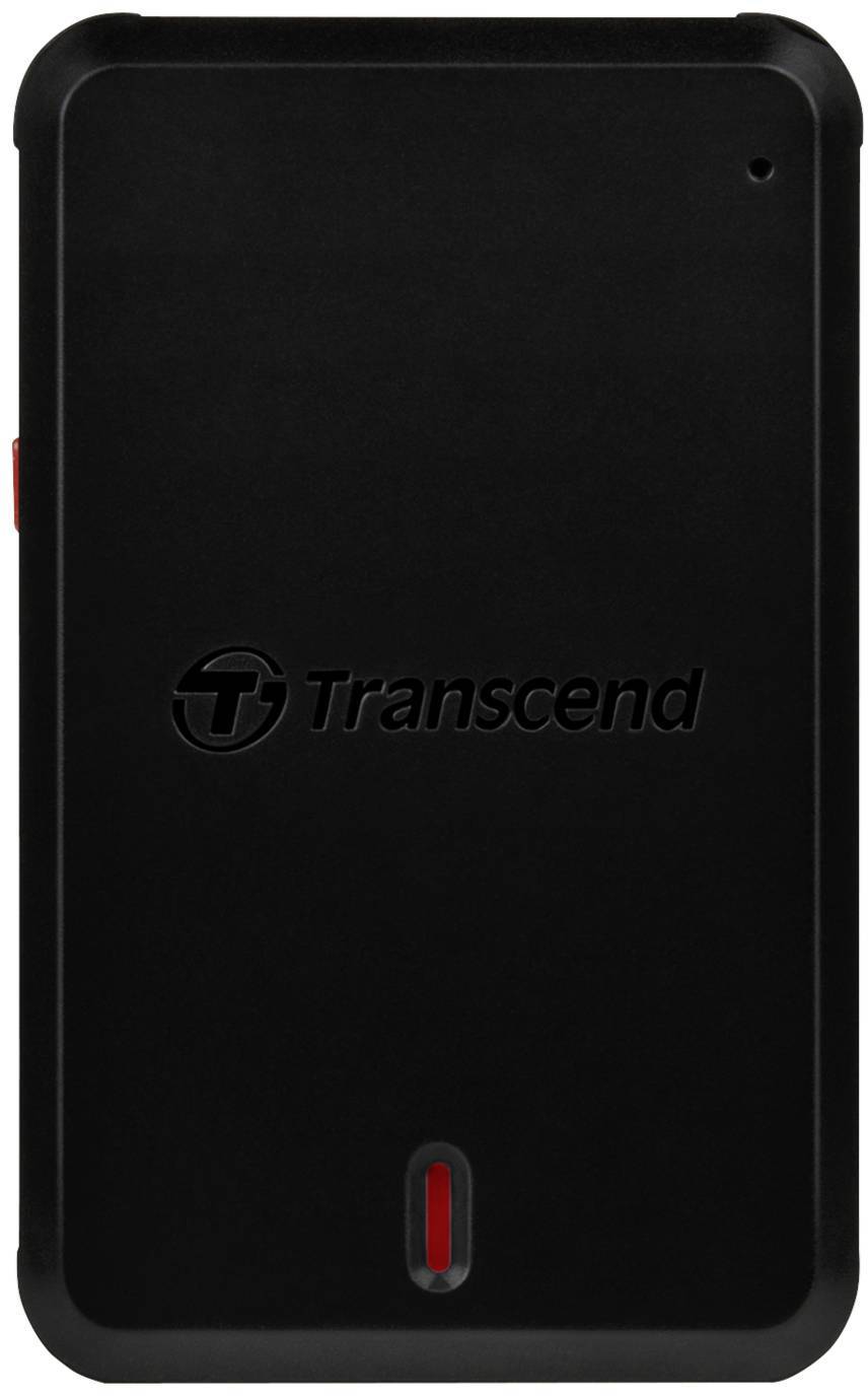 Externe Festplatte von Transcend, schwarz, mit rotem Akzent, Vorderansicht.