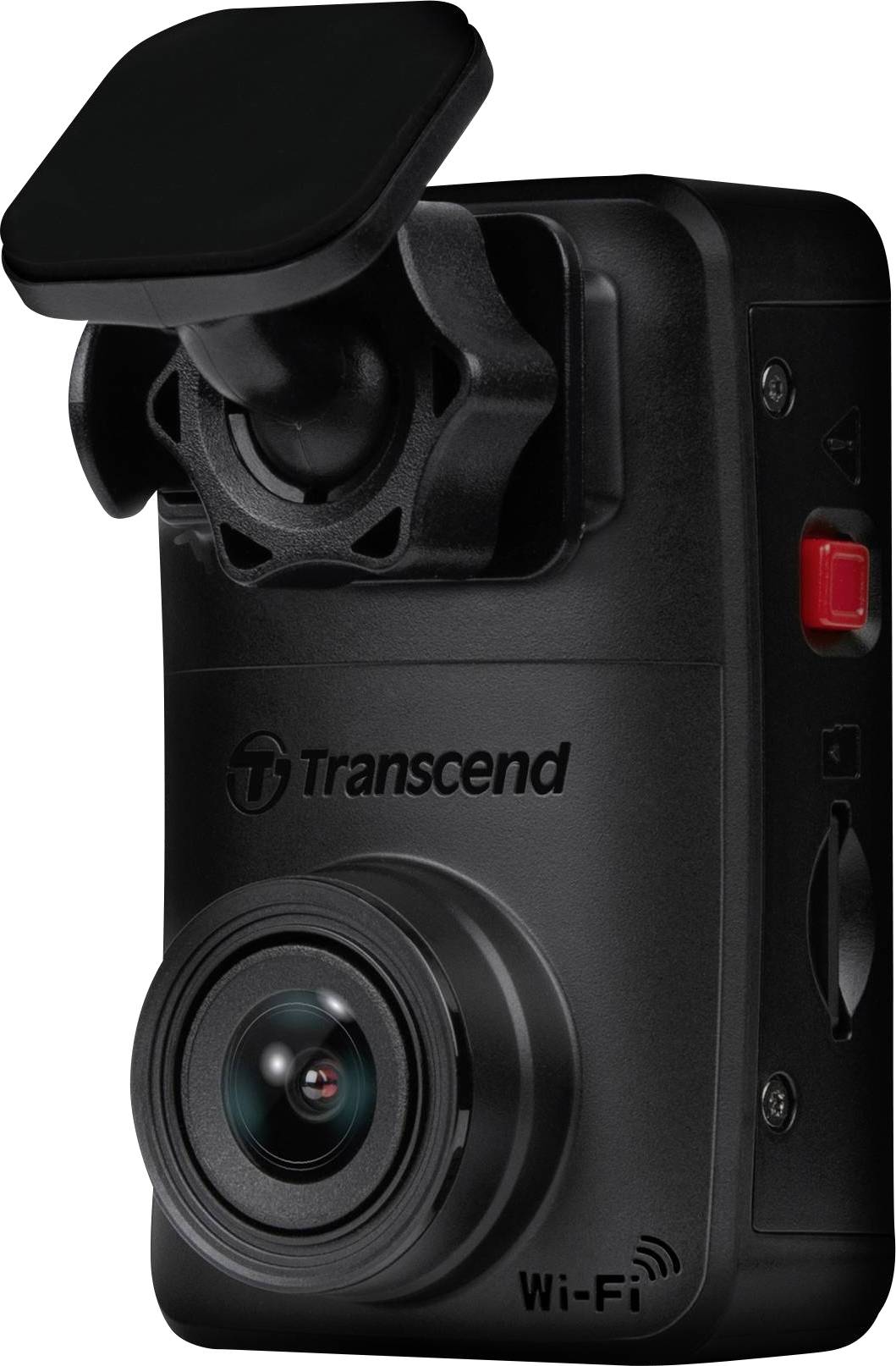 Kompakte schwarze Dashcam mit Weitwinkelobjektiv, WLAN-Fähigkeit und rotem seitlichen Knopf, montierbar durch Sockel oben.
