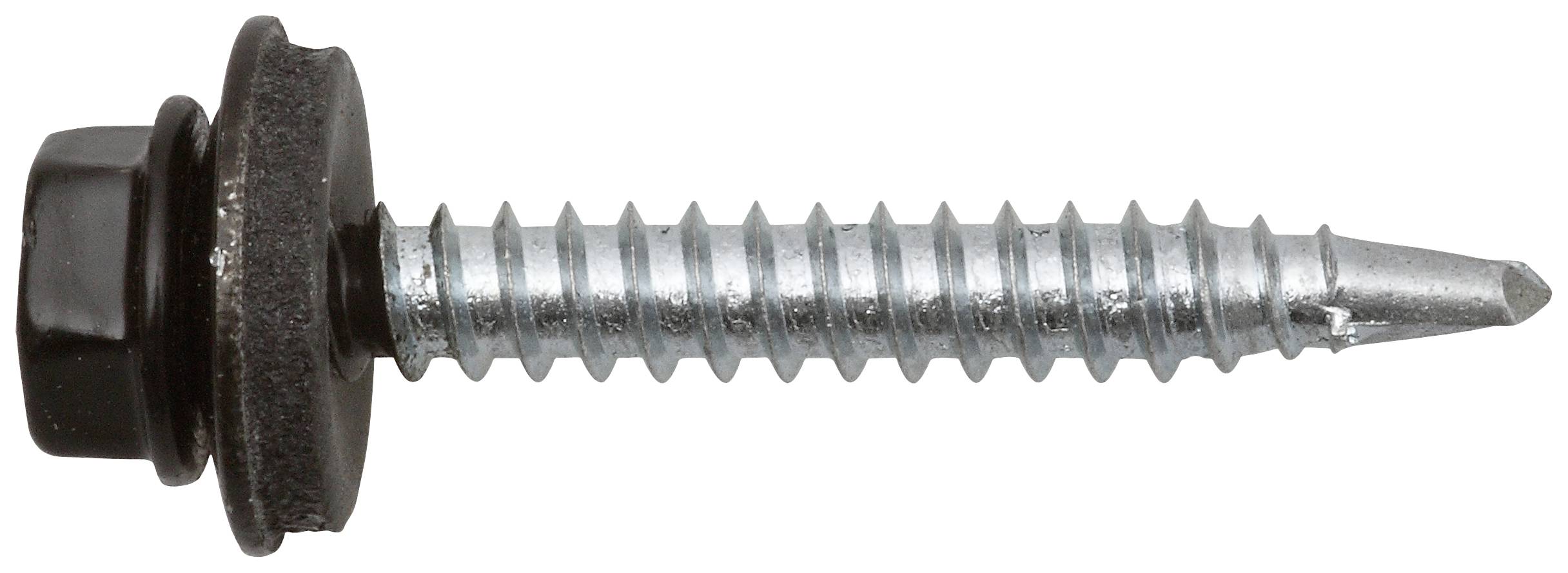 Eine silberne Schraube mit schwarzem Kopf und Unterlegscheibe, geeignet für Befestigungsaufgaben in Metall oder Holz.