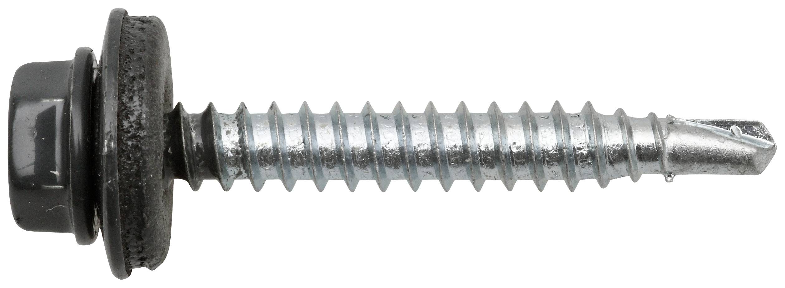 Ein silberner Metall-Blechschraube mit schwarzem Gummidichtungsring, scharfer Spitze und kreuzförmiger Schraubenkopf.