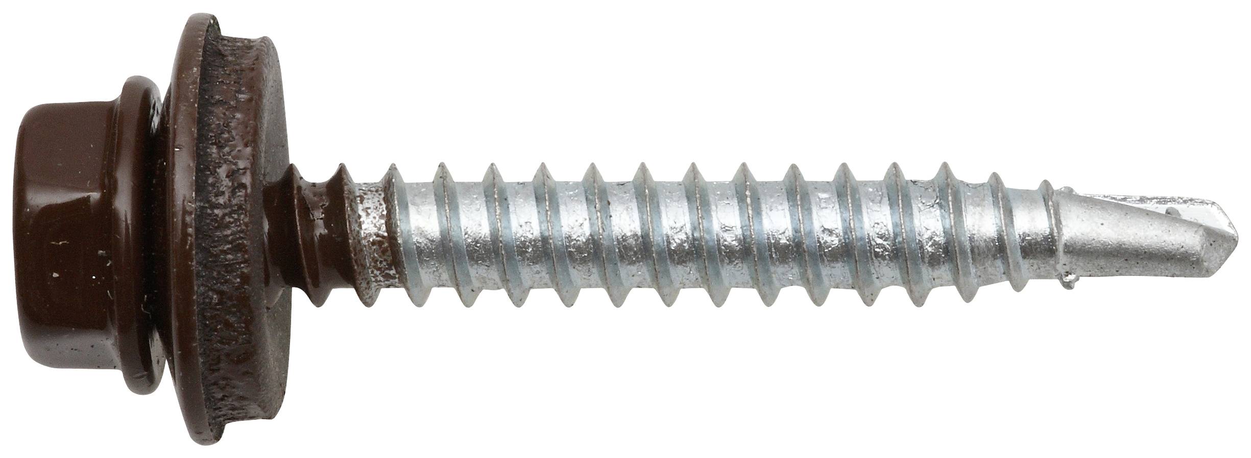 Eine braune selbstschneidende Schraube mit Unterlegscheibe und Sechskantkopf, eignet sich für Metall- und Holzverbindungen.