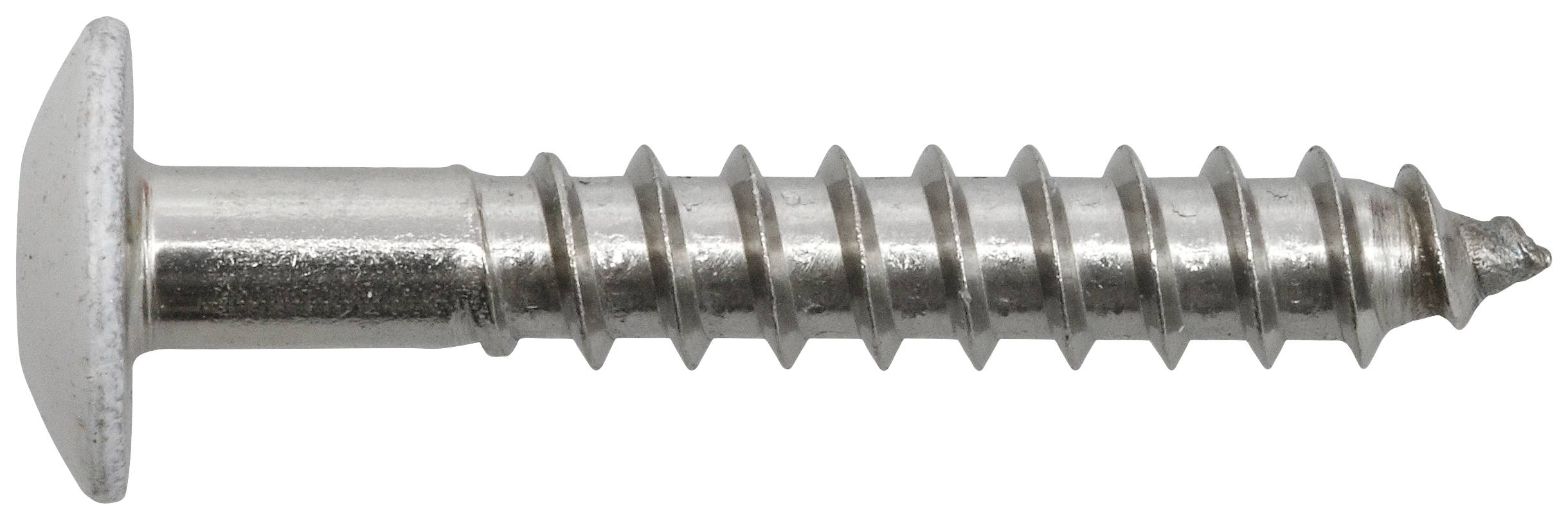 Eine silberne Schraube mit flachem Kopf, die horizontal liegt.