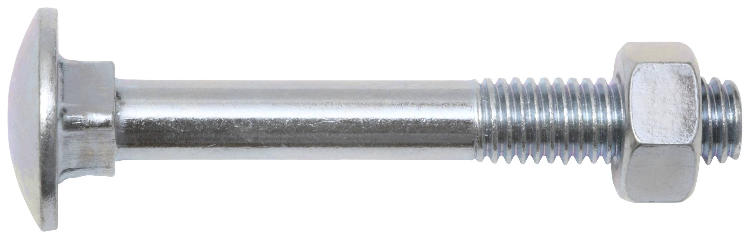 Ein silberner Schlossschrauben mit Flachkopf und passender Mutter. Geeignet zur Befestigung von Materialien, meist im Bauwesen.